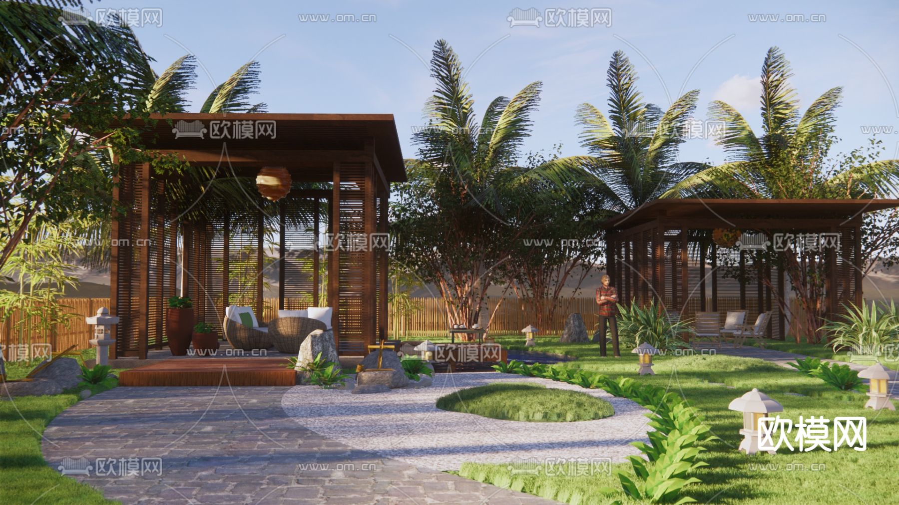 新中式禅意庭院su模型下载（渲染图1）