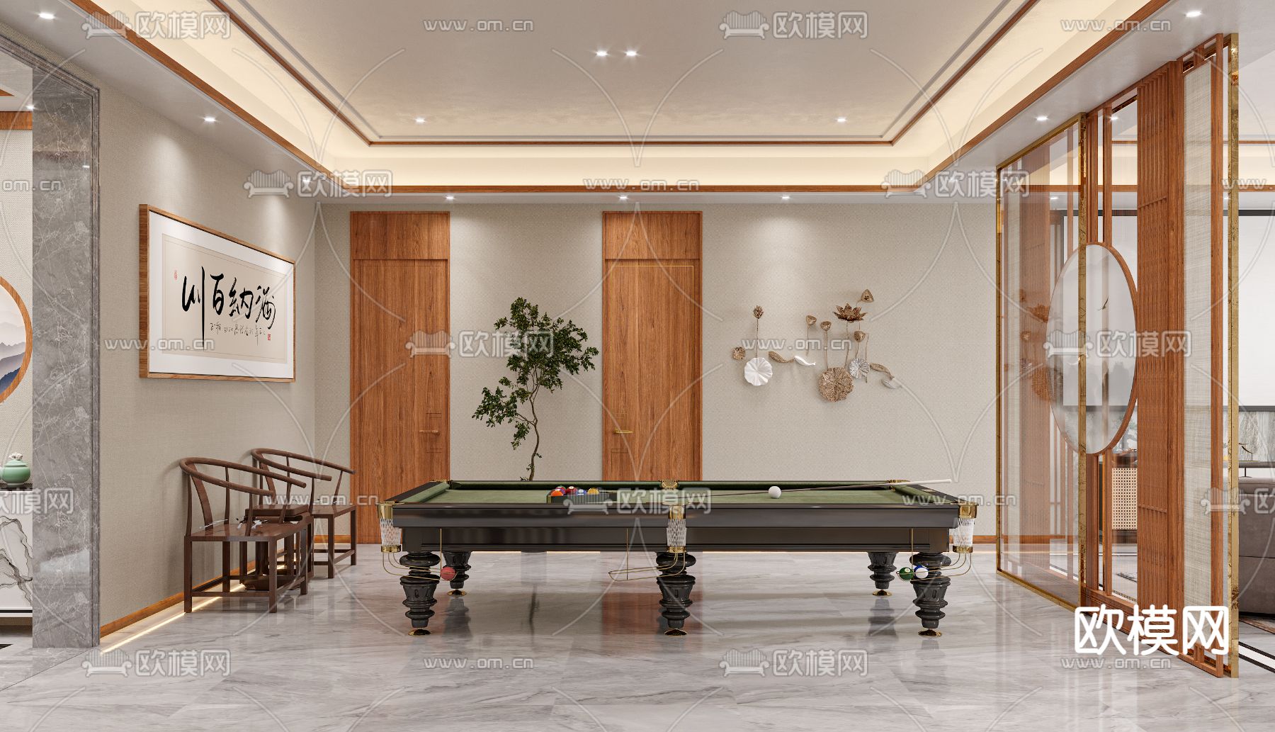 新中式客厅影音室台球室3d模型下载（渲染图4）