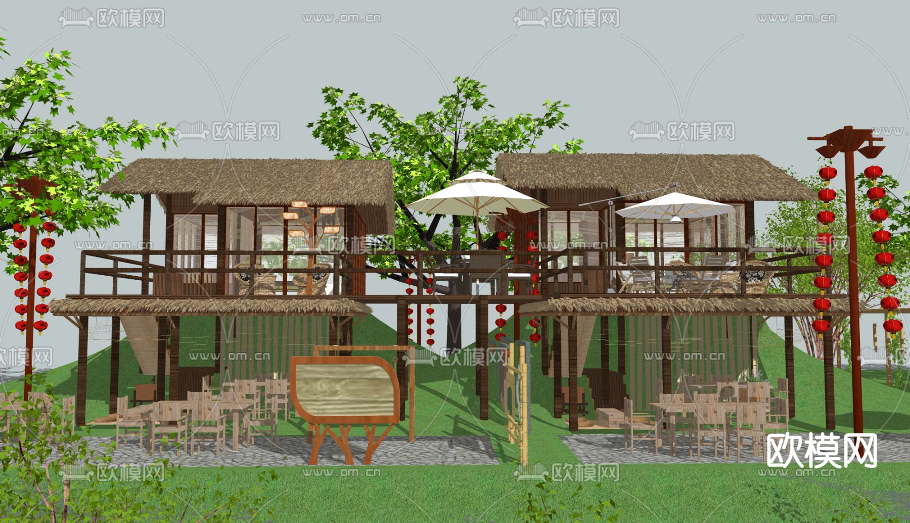 新中式庭院景观su模型下载（渲染图2）