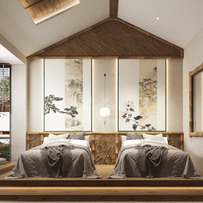  侘寂风酒店客房su模型 