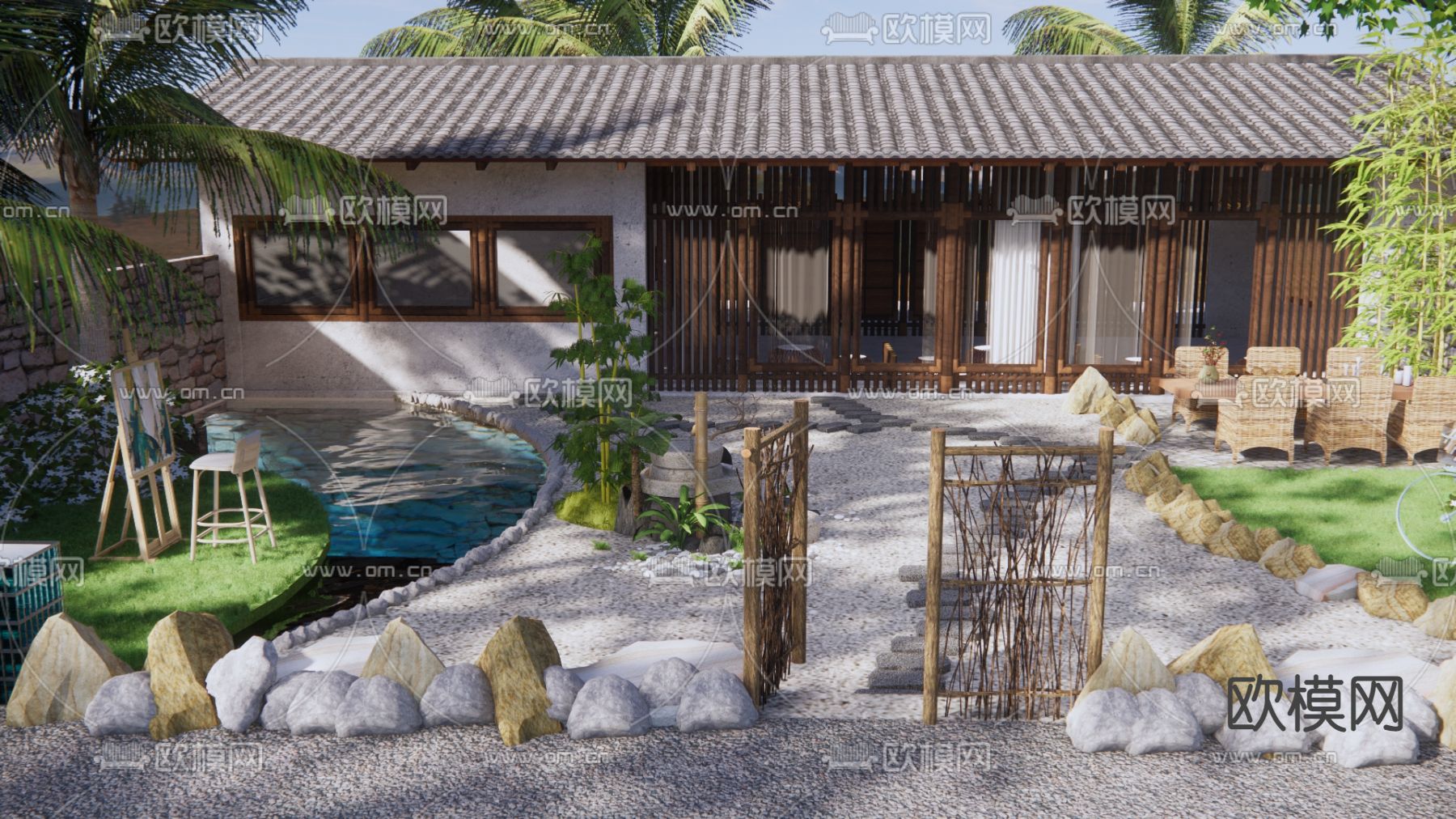 中式乡村庭院su模型下载（渲染图1）