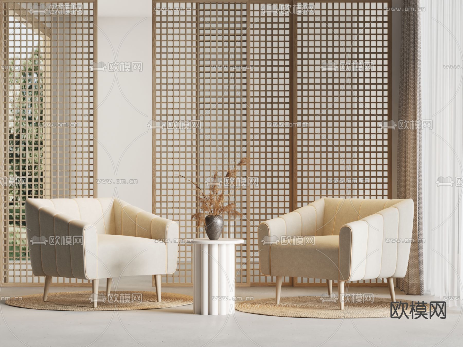 侘寂风布艺休闲沙发su模型下载（渲染图1）