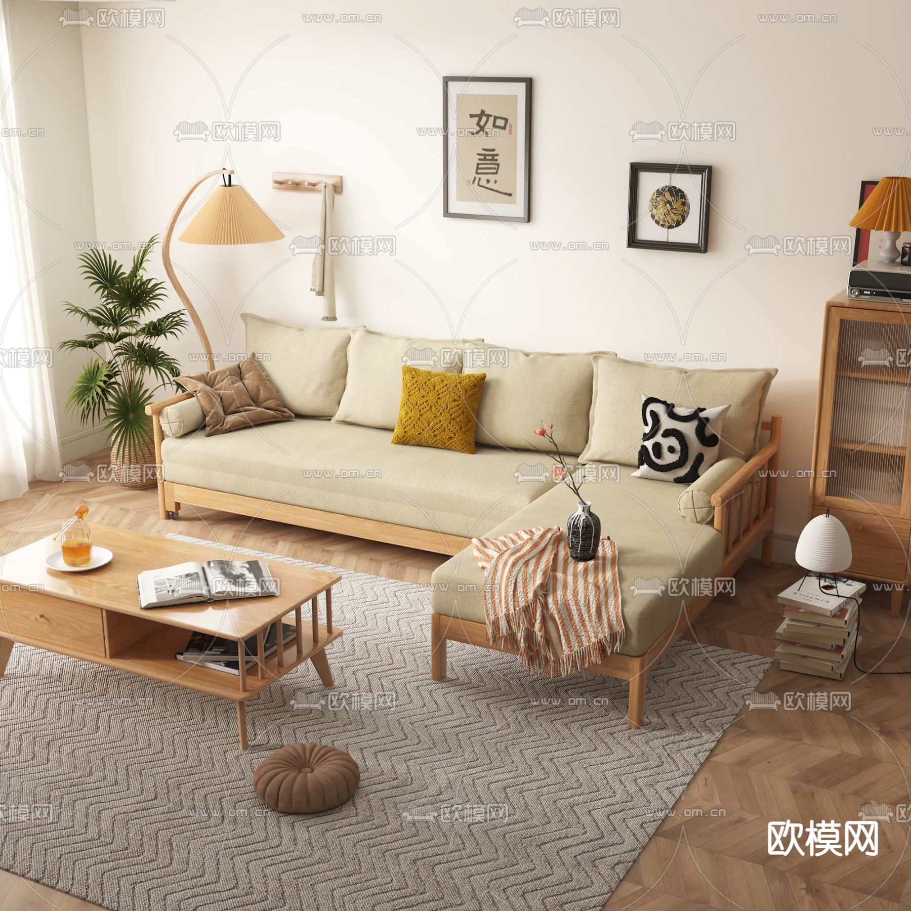 日式实木转角沙发组合3d模型下载（渲染图2）