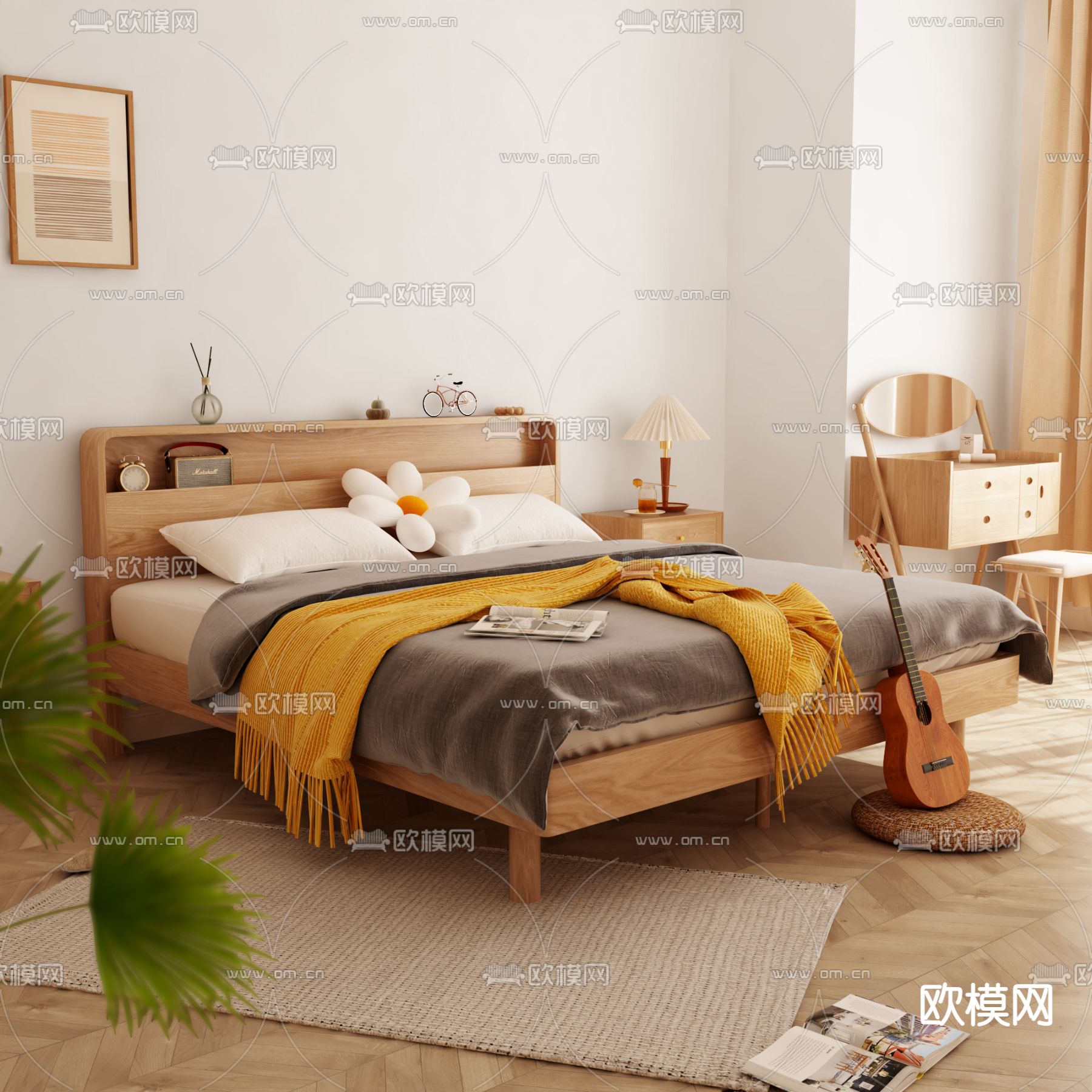 日式实木双人床3d模型下载（渲染图2）