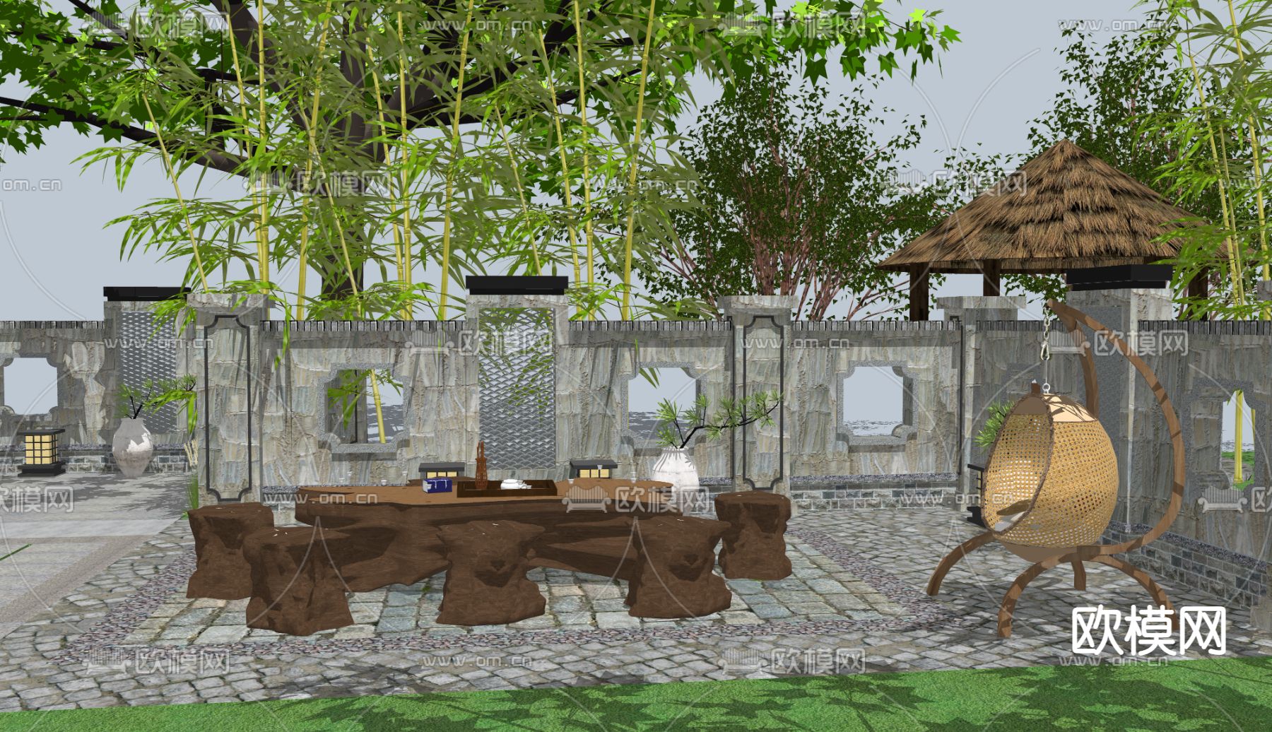 中式乡村庭院su模型下载（渲染图2）