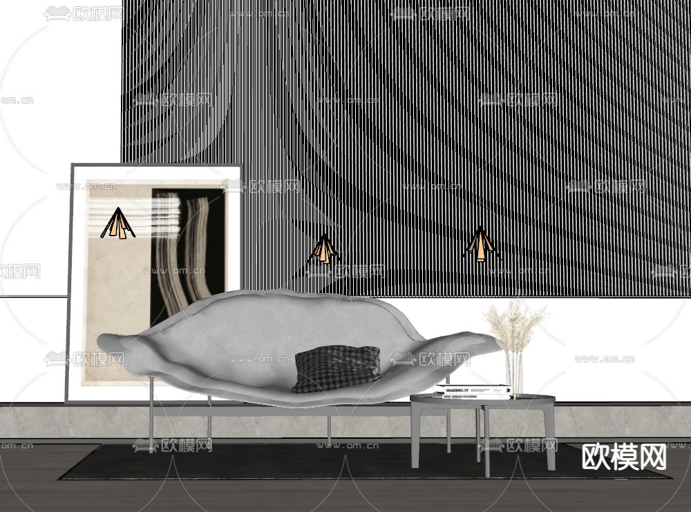 现代布艺贵妃椅su模型下载（渲染图2）