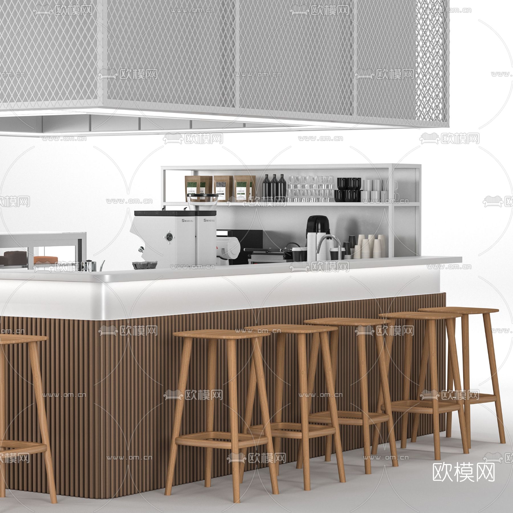 现代咖啡吧台吧台椅3d模型下载（渲染图4）
