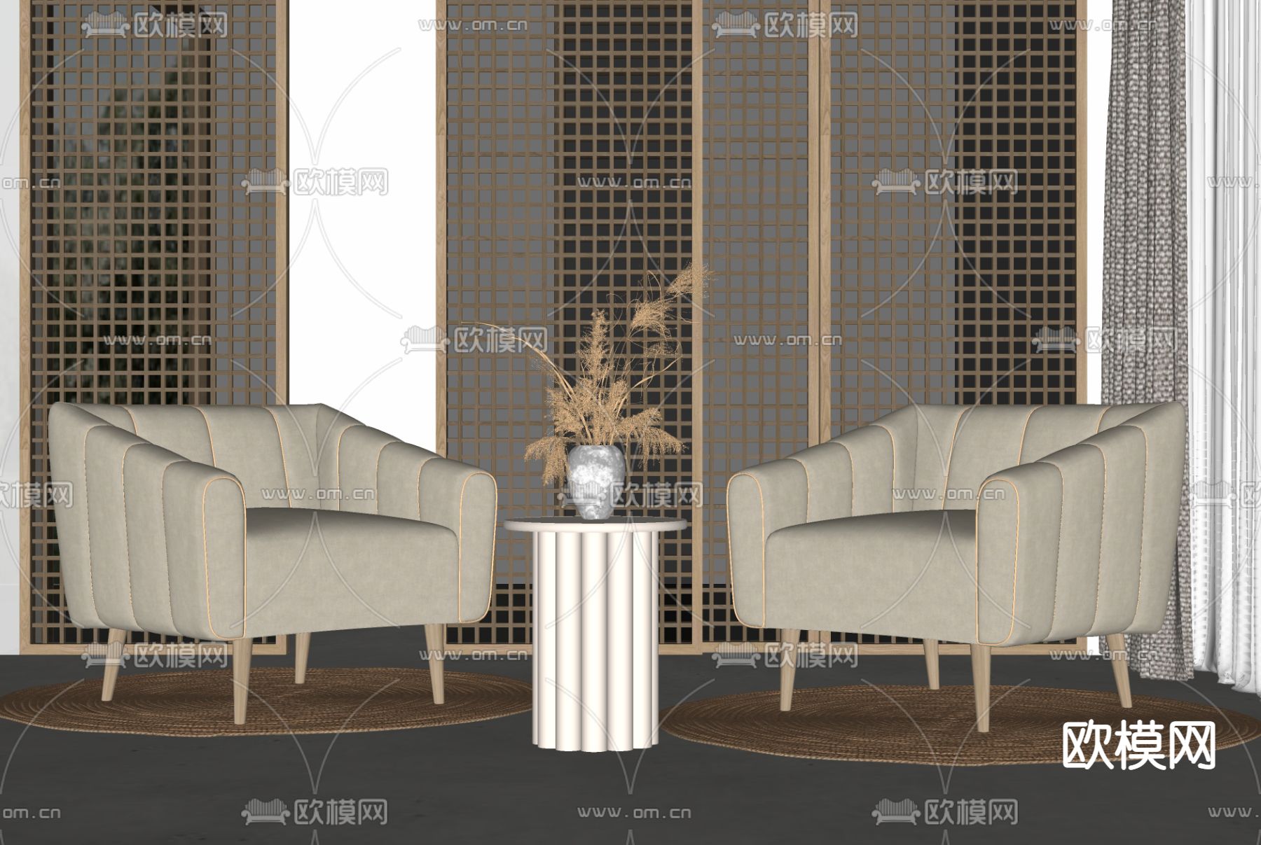 侘寂风布艺休闲沙发su模型下载（渲染图2）