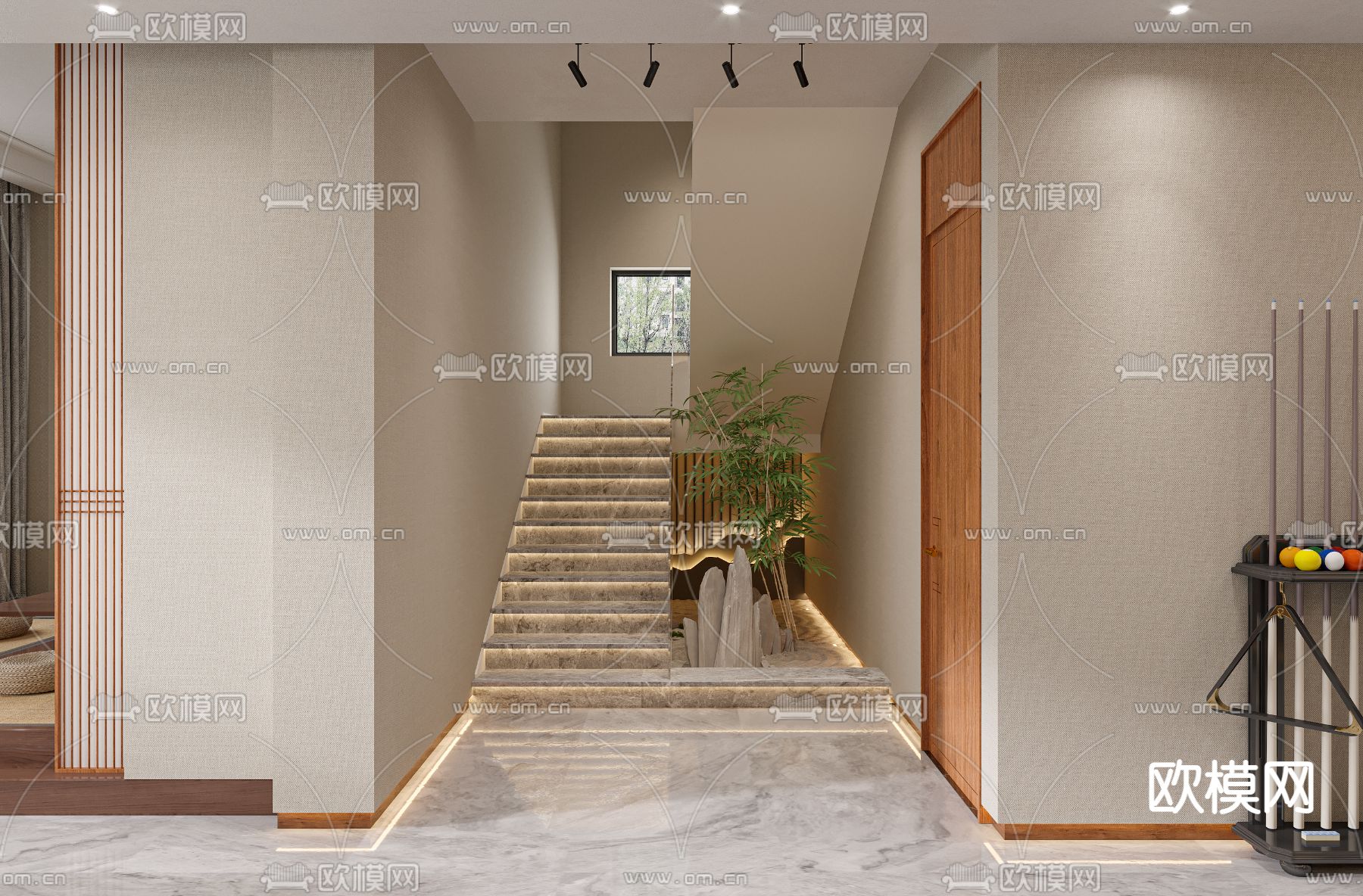 新中式客厅影音室台球室3d模型下载（渲染图3）