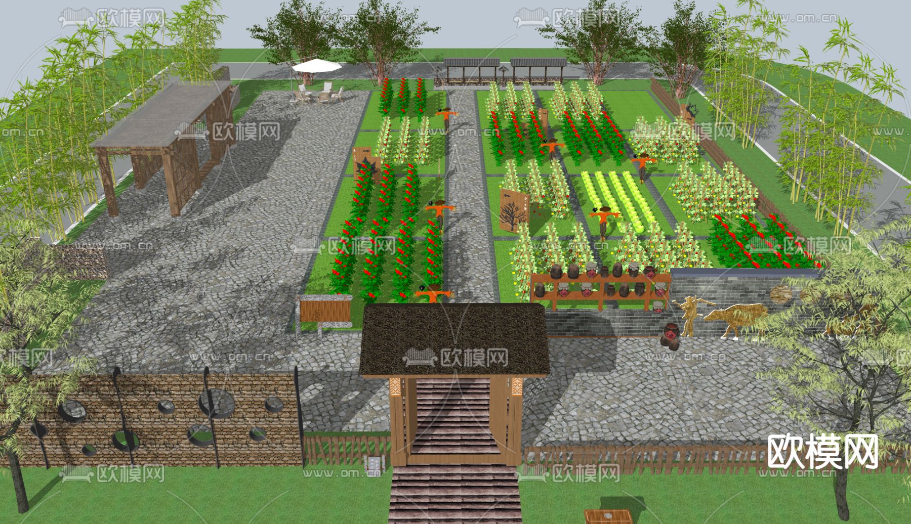 中式乡村庭院su模型下载（渲染图3）