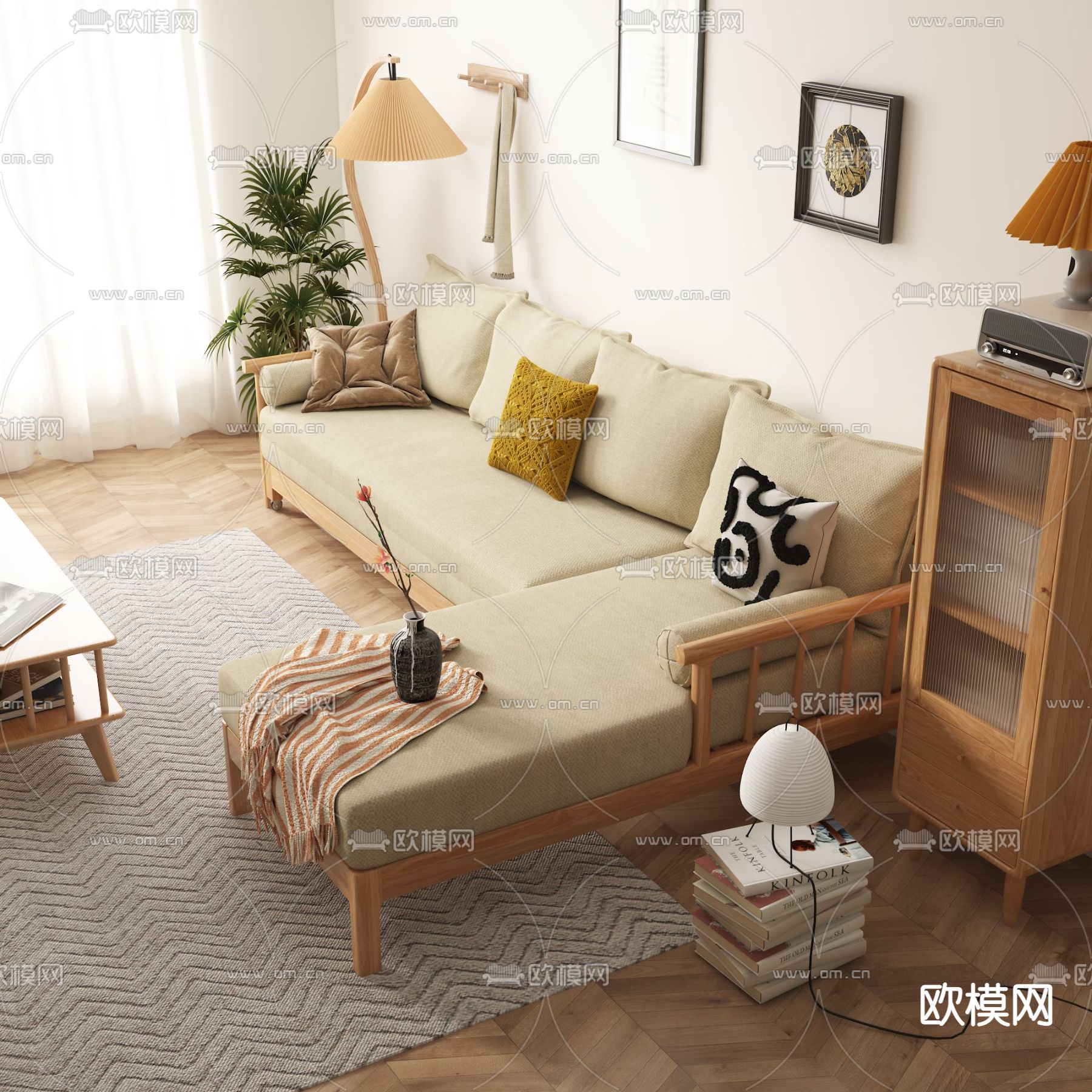 日式实木转角沙发组合3d模型下载（渲染图3）
