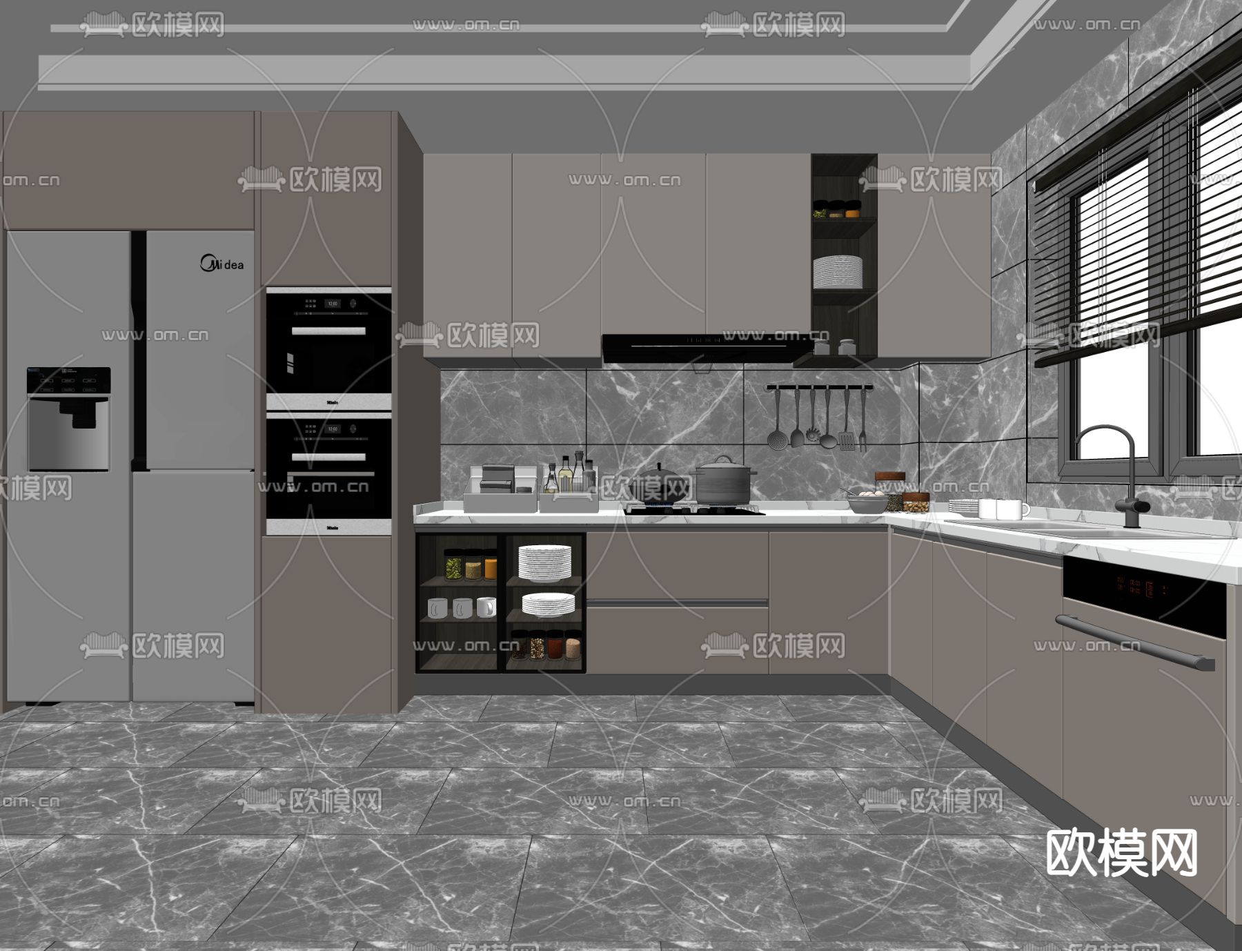 现代厨房su模型下载（渲染图2）