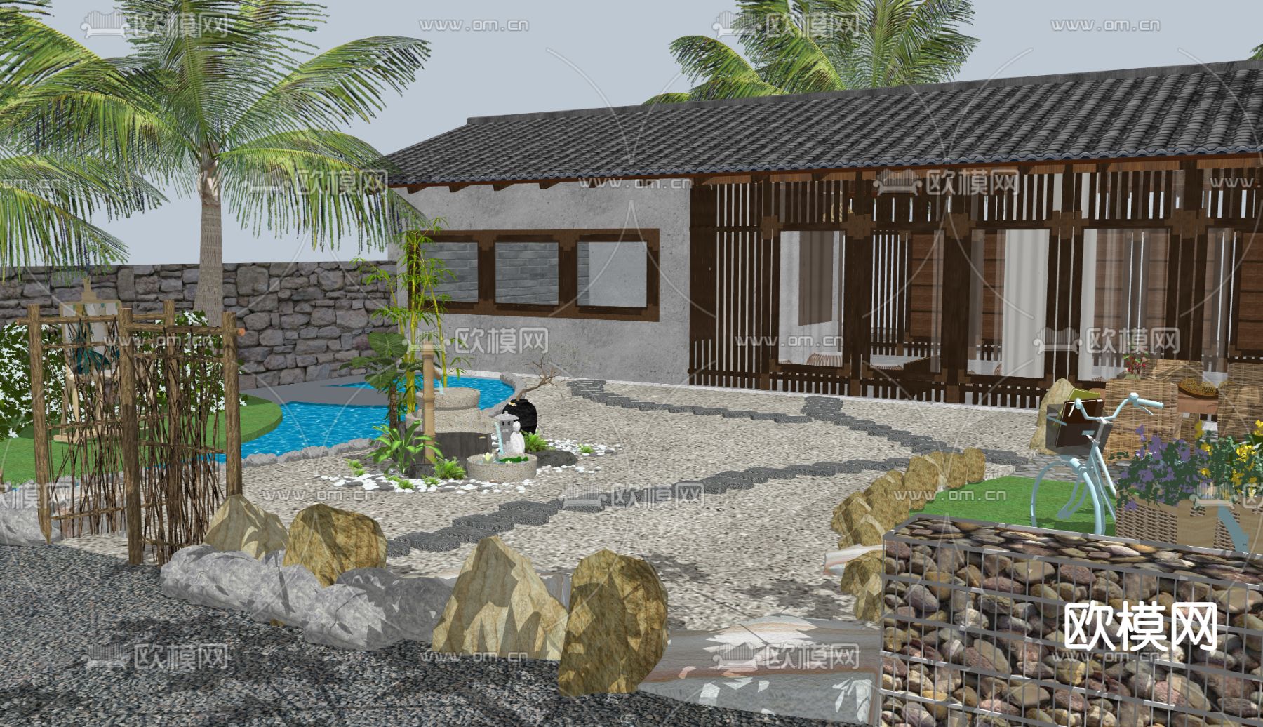 中式乡村庭院su模型下载（渲染图2）