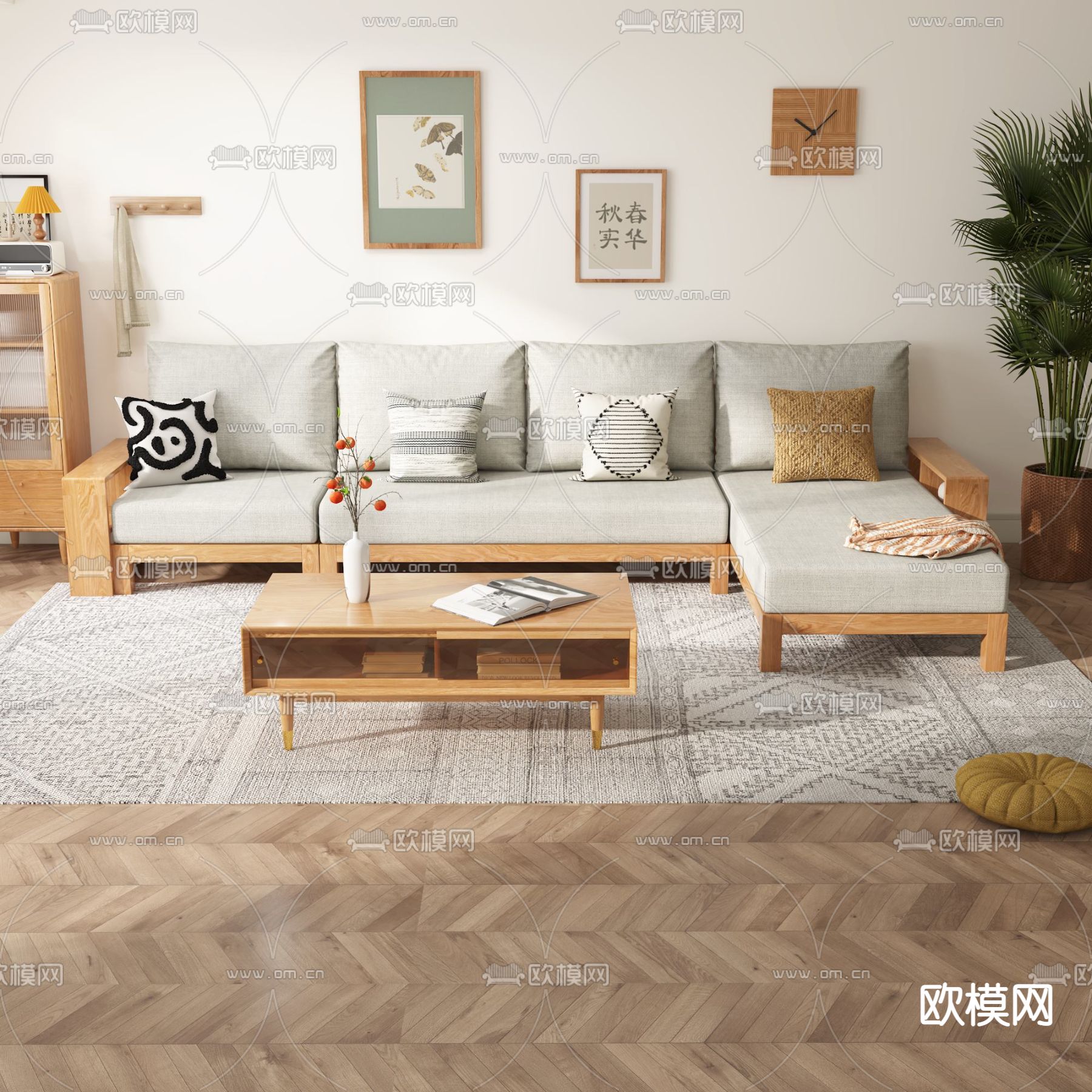 日式实木转角沙发组合3d模型下载（渲染图1）