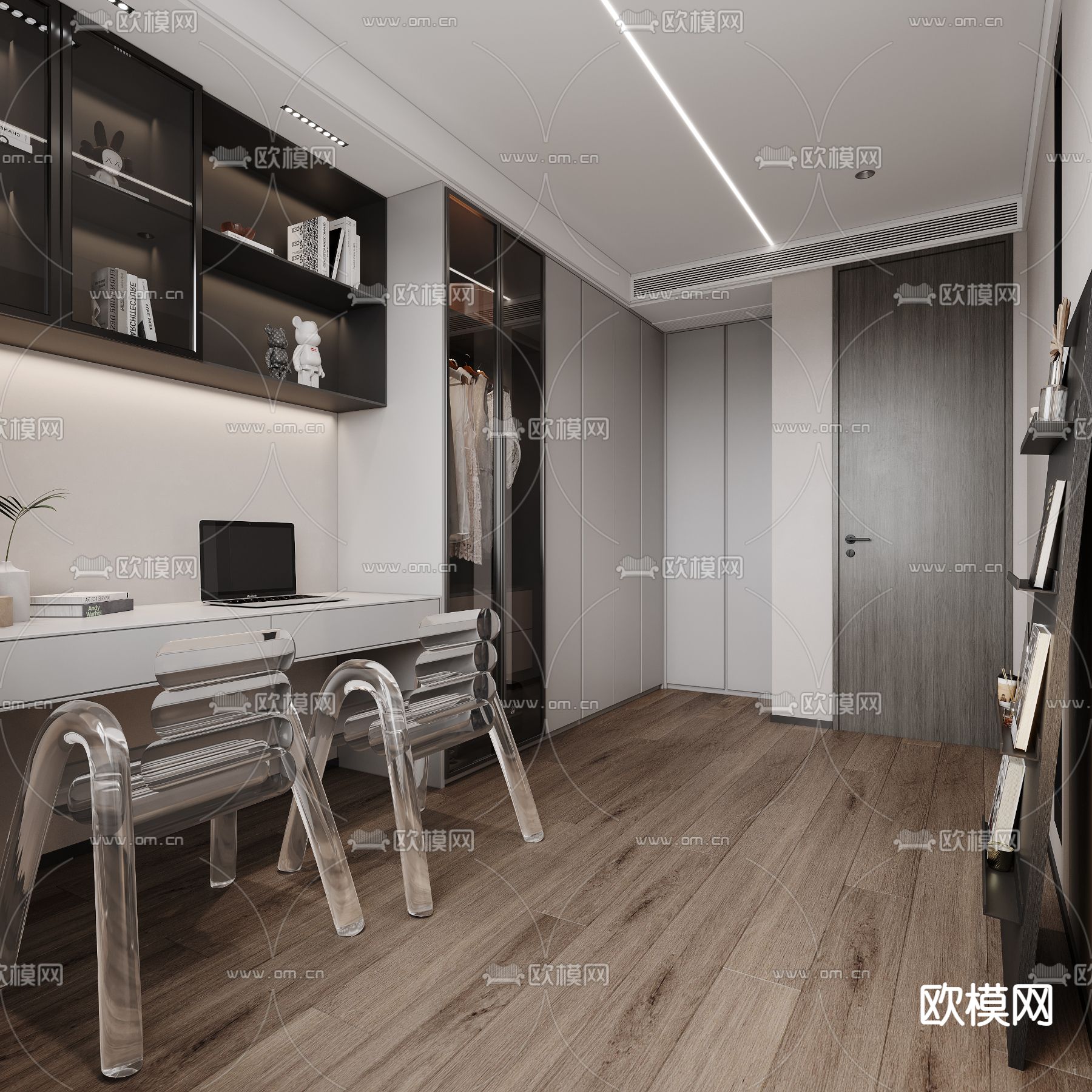 现代高级灰书房3d模型下载（渲染图1）