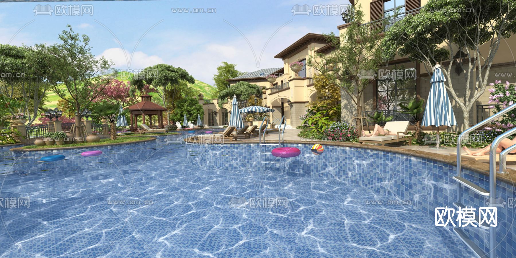 欧式泳池别墅外观3d模型下载