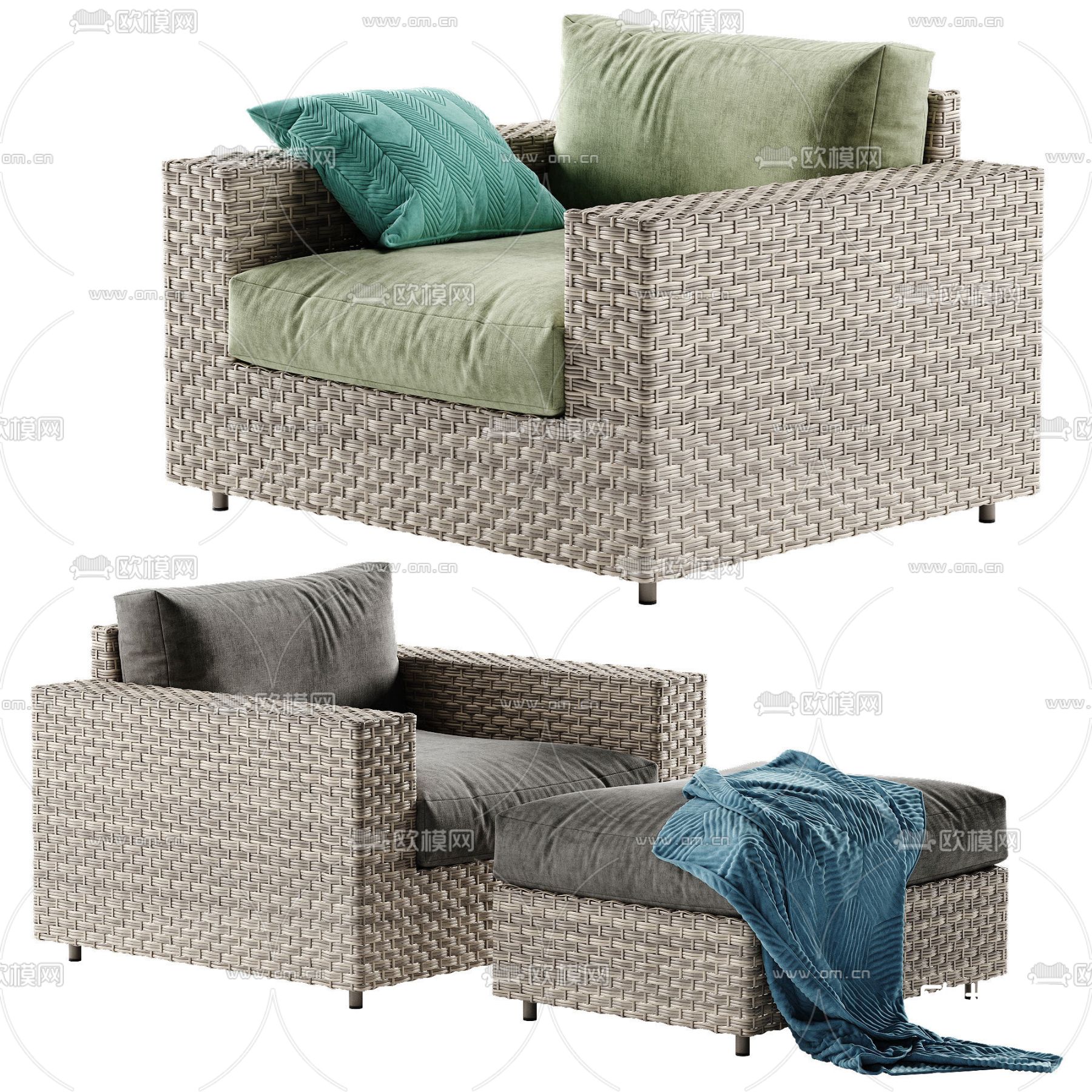 West Elm 藤编单人沙发3d模型下载