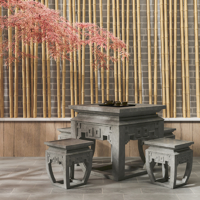  新中式室外石桌椅su模型 