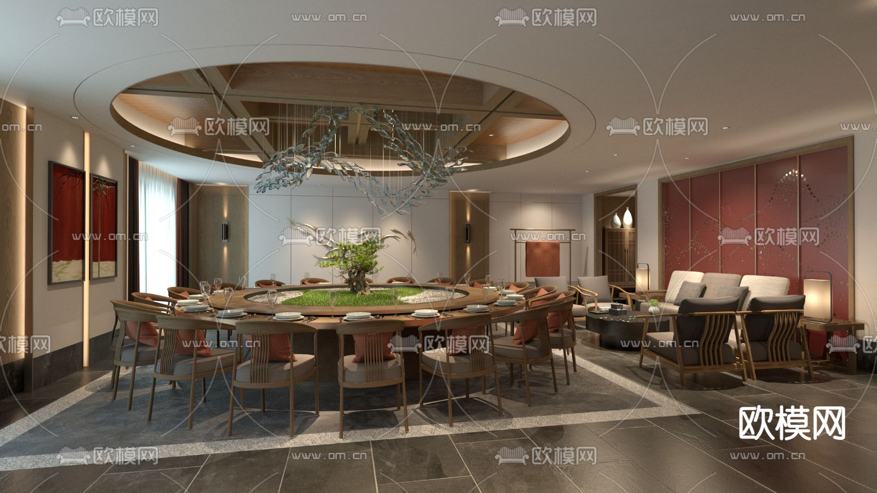 新中式餐厅包厢su模型下载（渲染图2）
