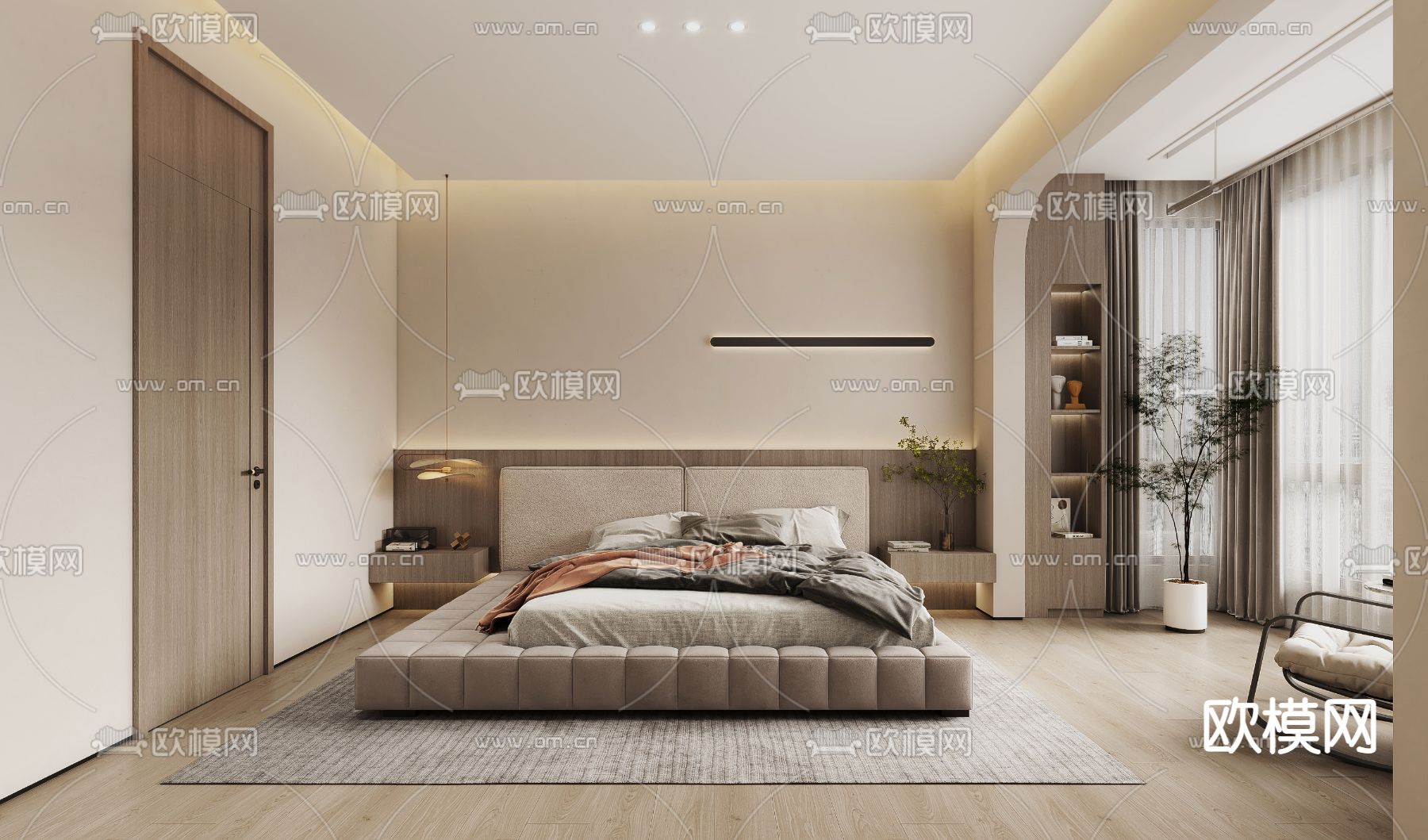 现代简约卧室3d模型下载（渲染图1）