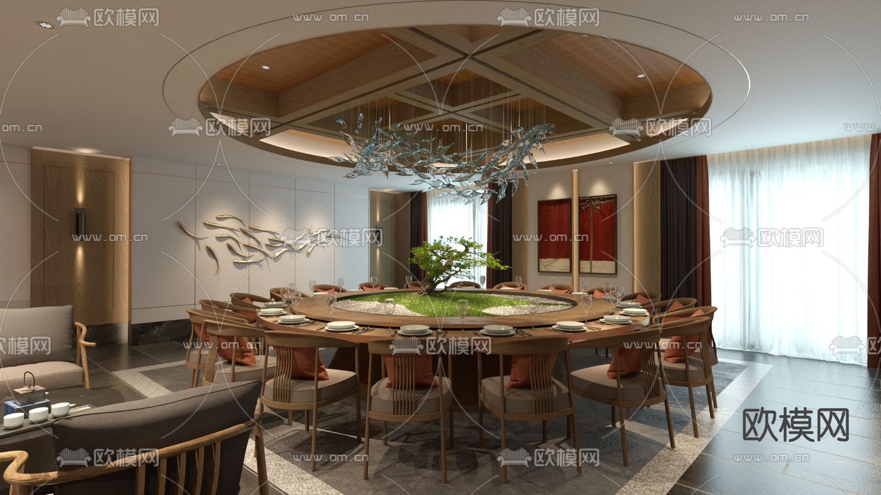 新中式餐厅包厢su模型下载（渲染图1）