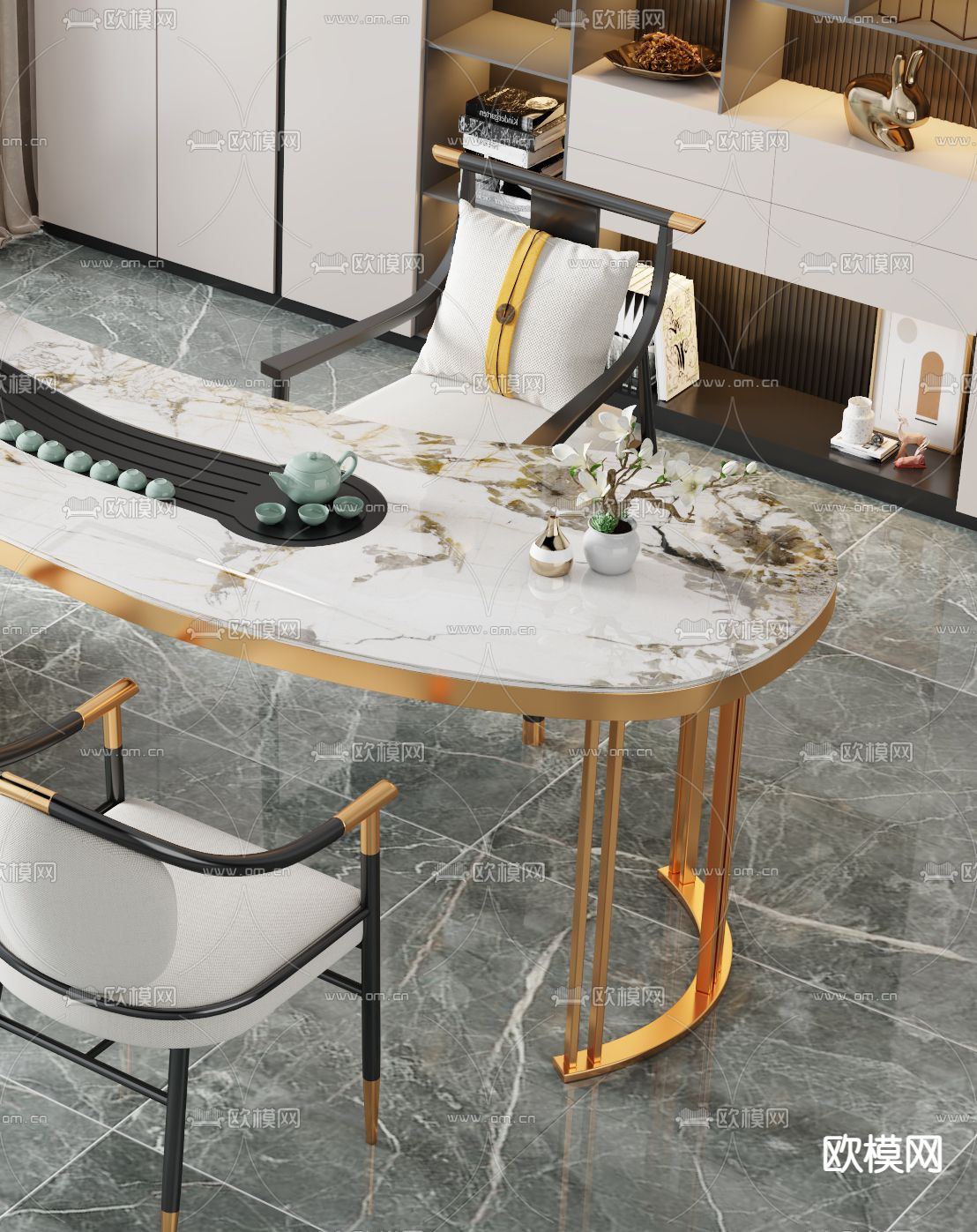 现代大理石茶桌椅3d模型下载（渲染图4）