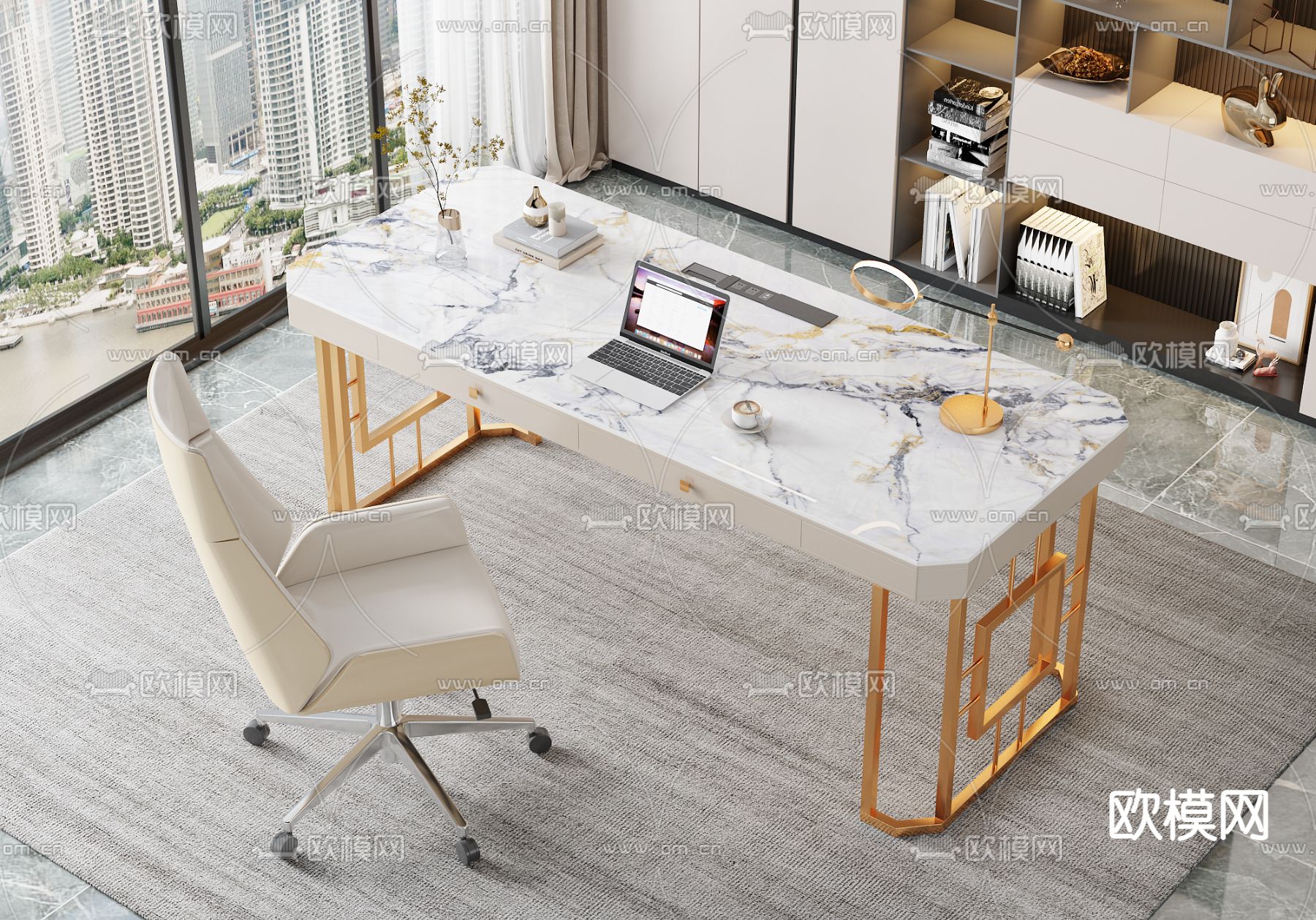 现代大理石书桌椅3d模型下载（渲染图1）