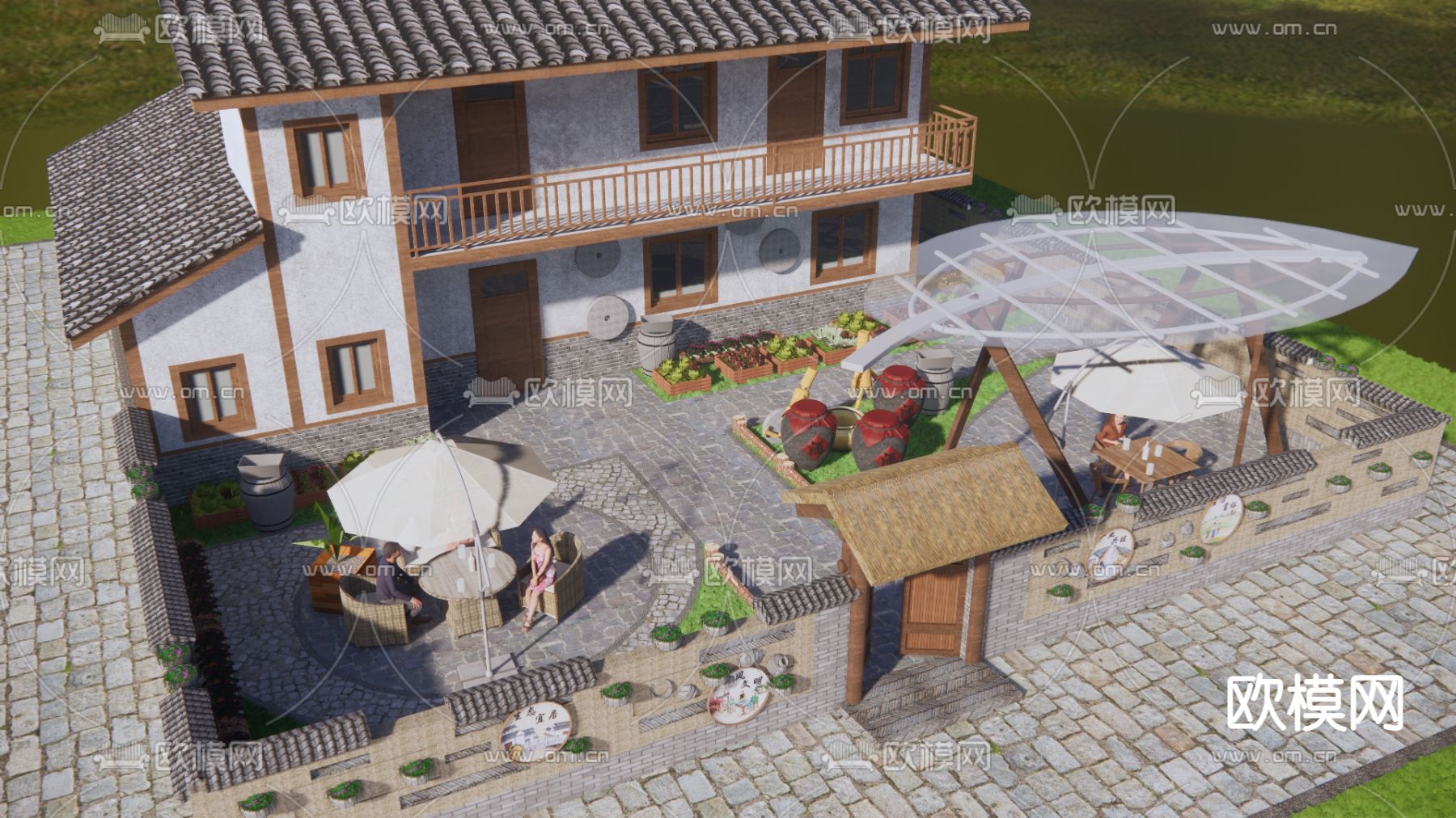 新中式乡村庭院su模型下载（渲染图1）