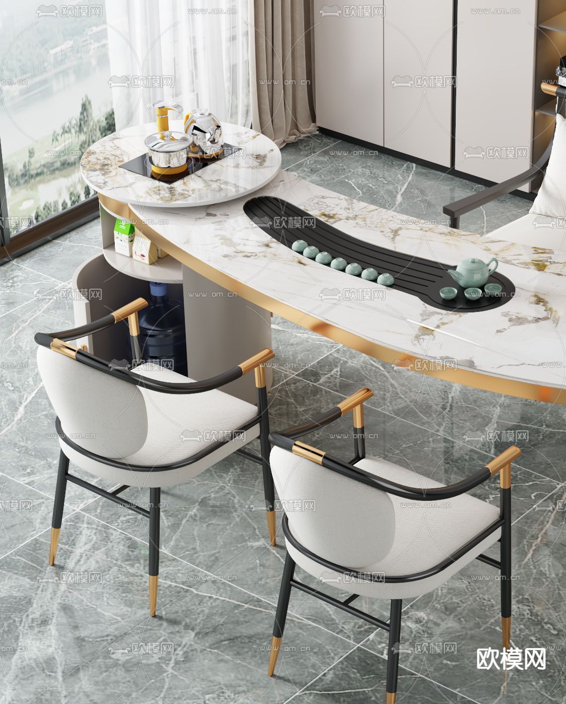 现代大理石茶桌椅3d模型下载（渲染图2）