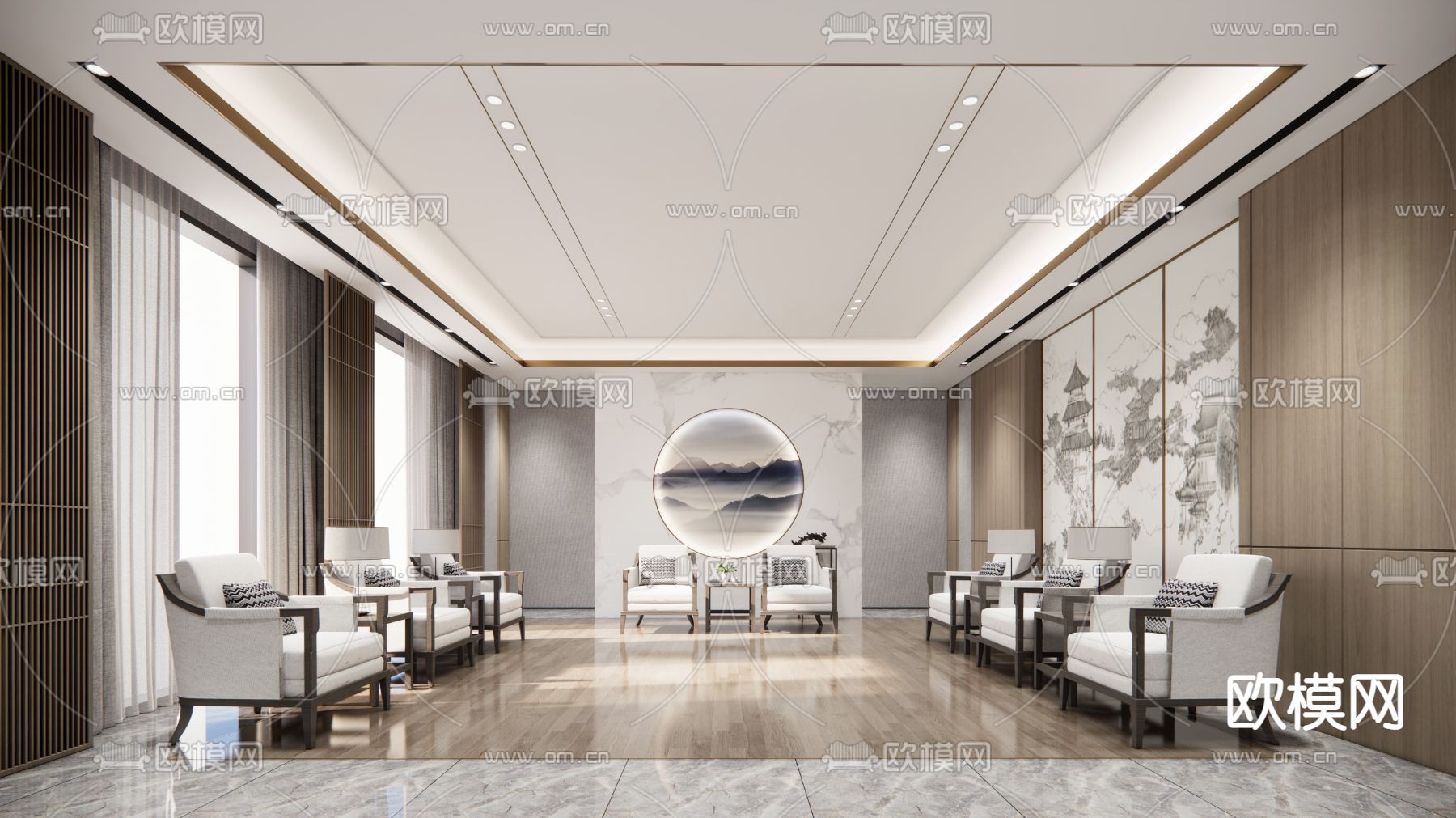 新中式贵宾接待室su模型下载（渲染图1）
