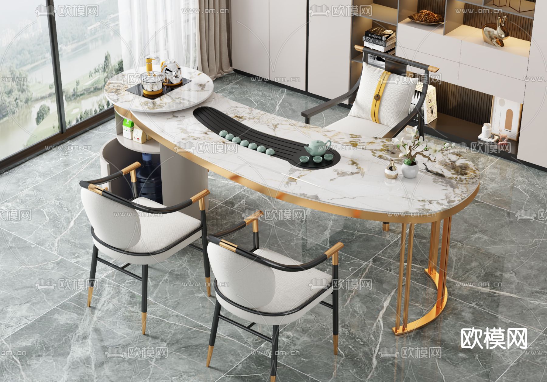 现代大理石茶桌椅3d模型下载（渲染图1）