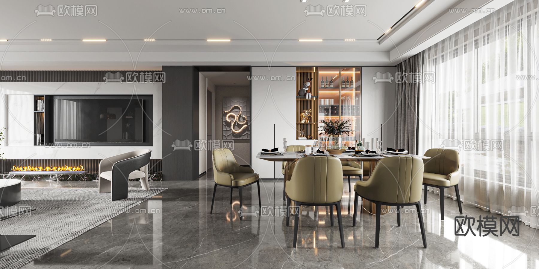 现代高级灰客餐厅3d模型下载（渲染图2）