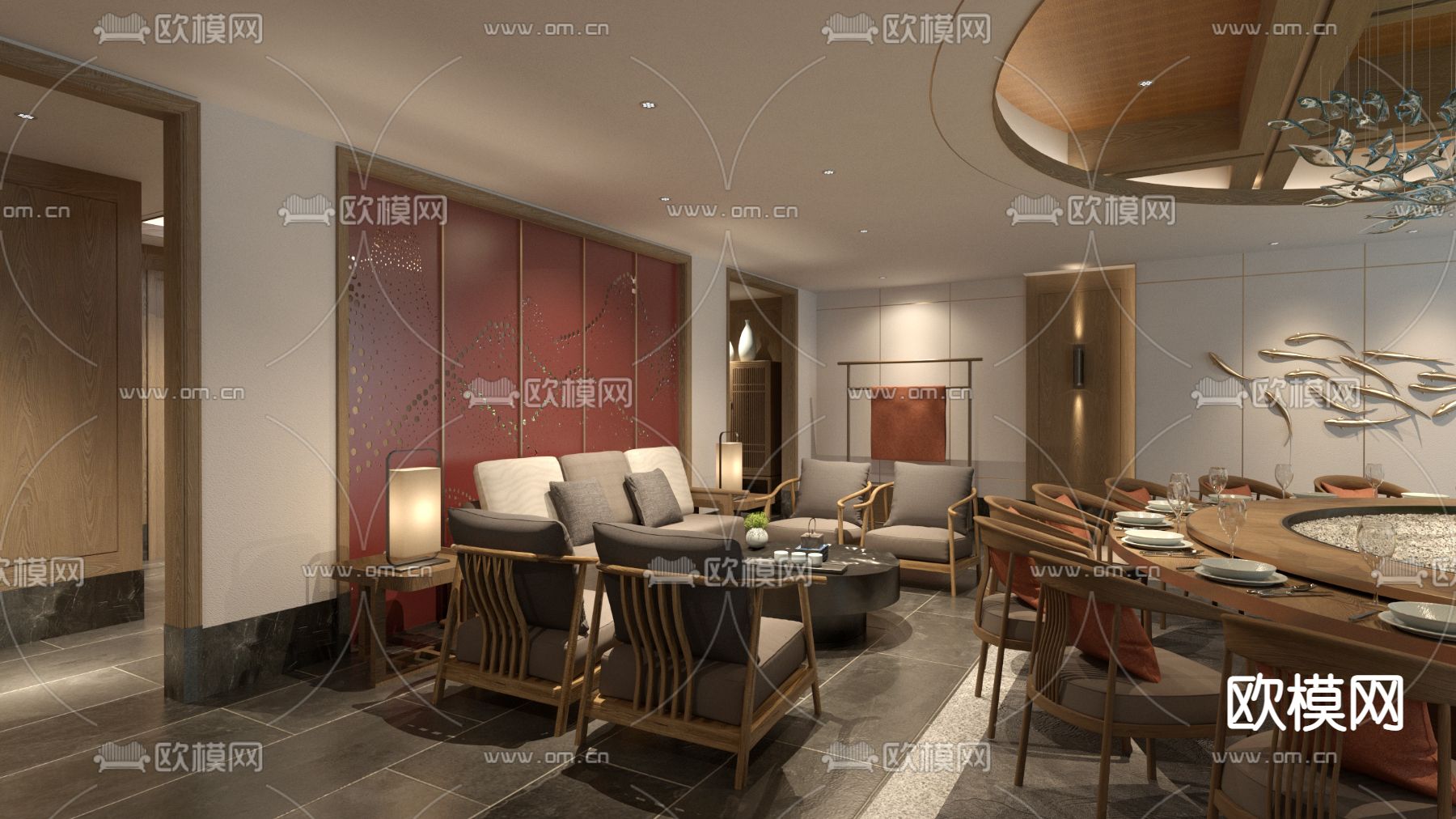 新中式餐厅包厢su模型下载（渲染图3）