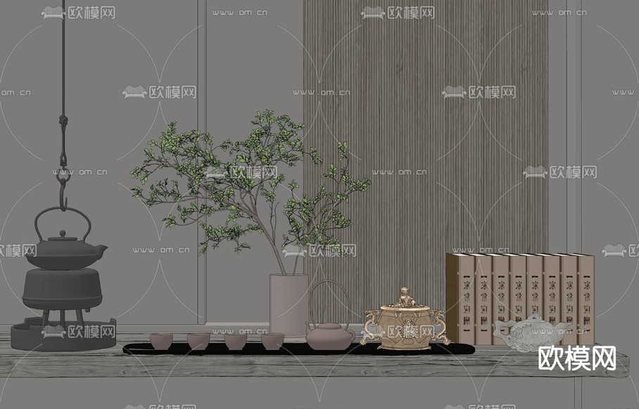 新中式茶壶茶具su模型下载(渲染图2)