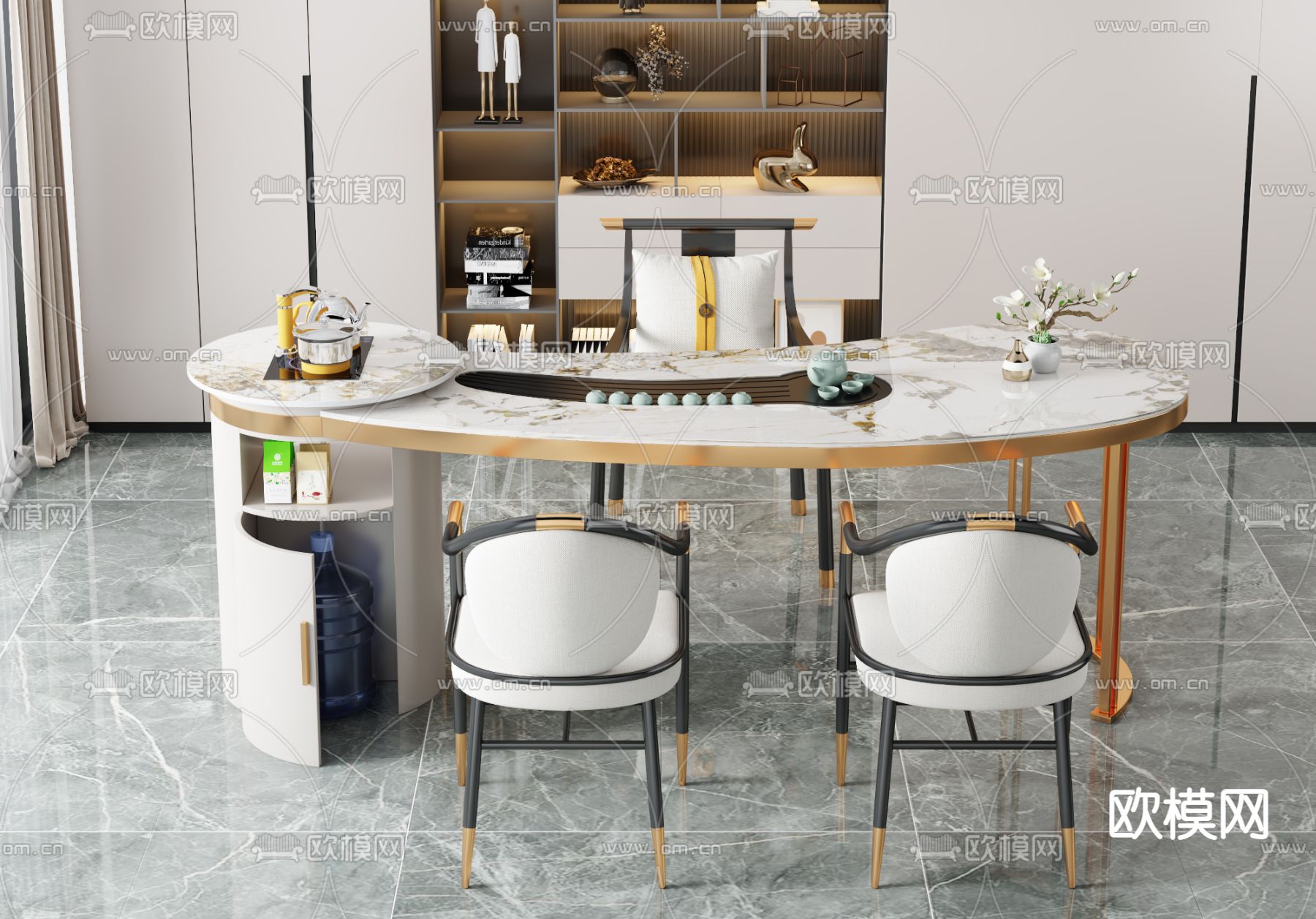 现代大理石茶桌椅3d模型下载（渲染图3）