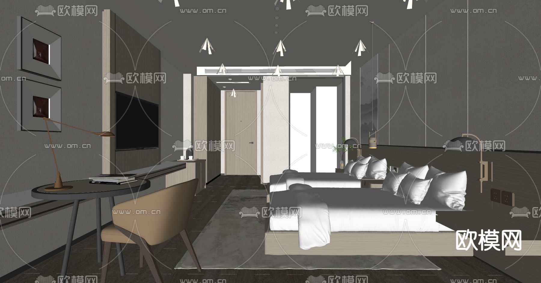 现代酒店客房su模型下载（渲染图2）