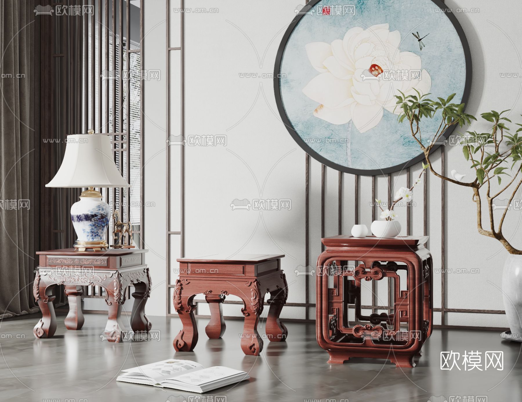 中式红木角几3d模型下载