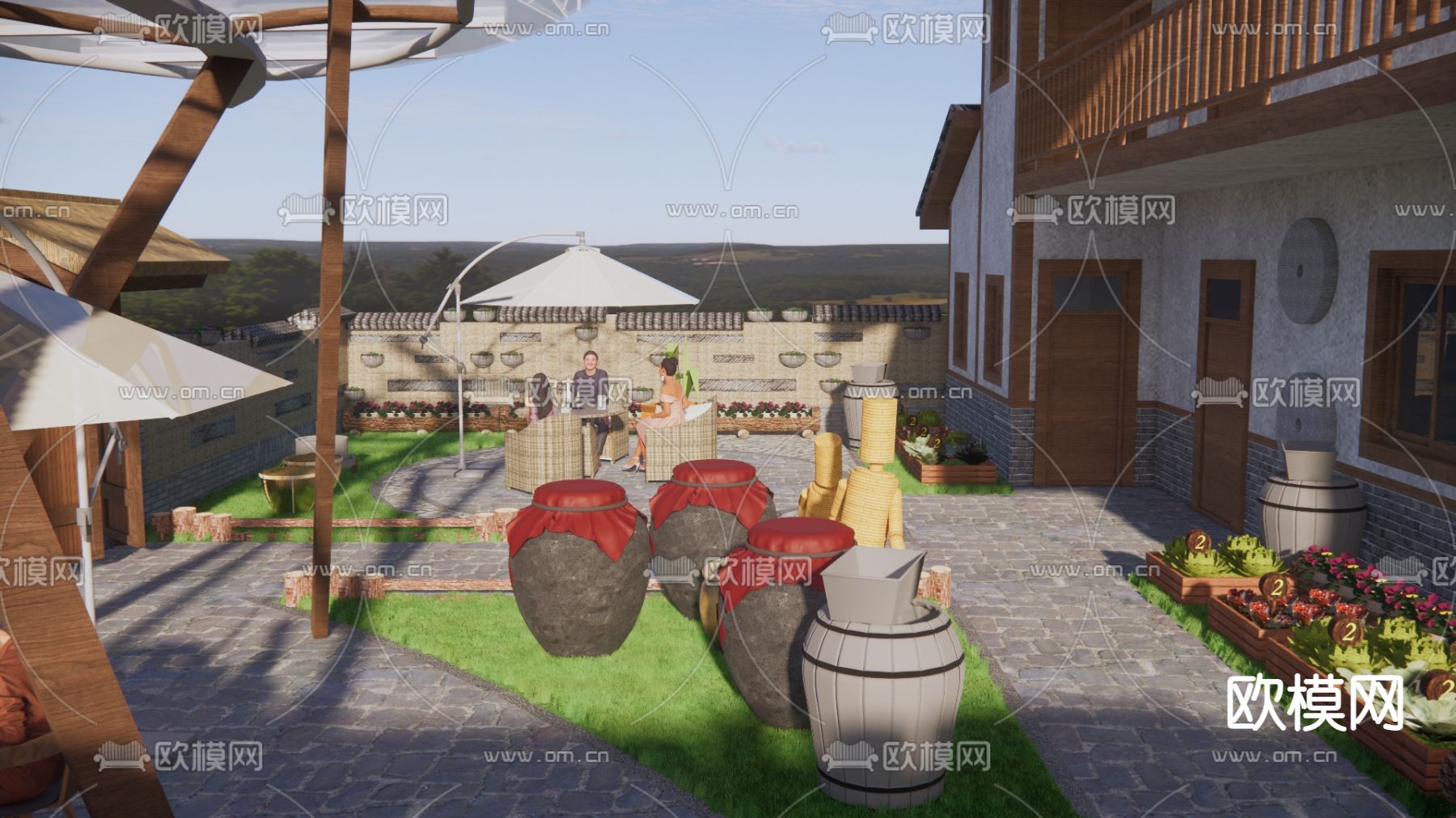 新中式乡村庭院su模型下载（渲染图3）