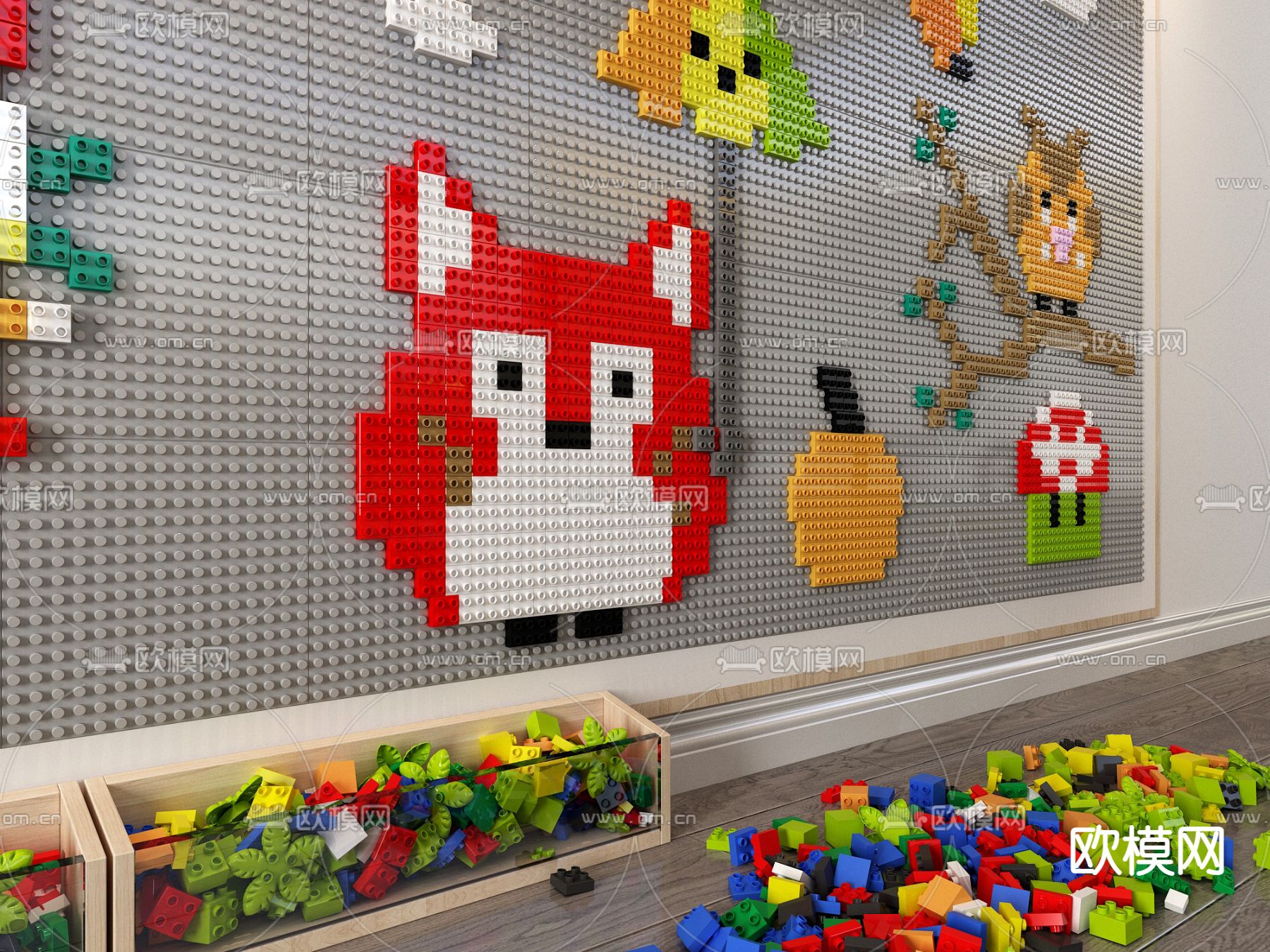 现代乐高拼装积木墙3d模型下载（渲染图2）