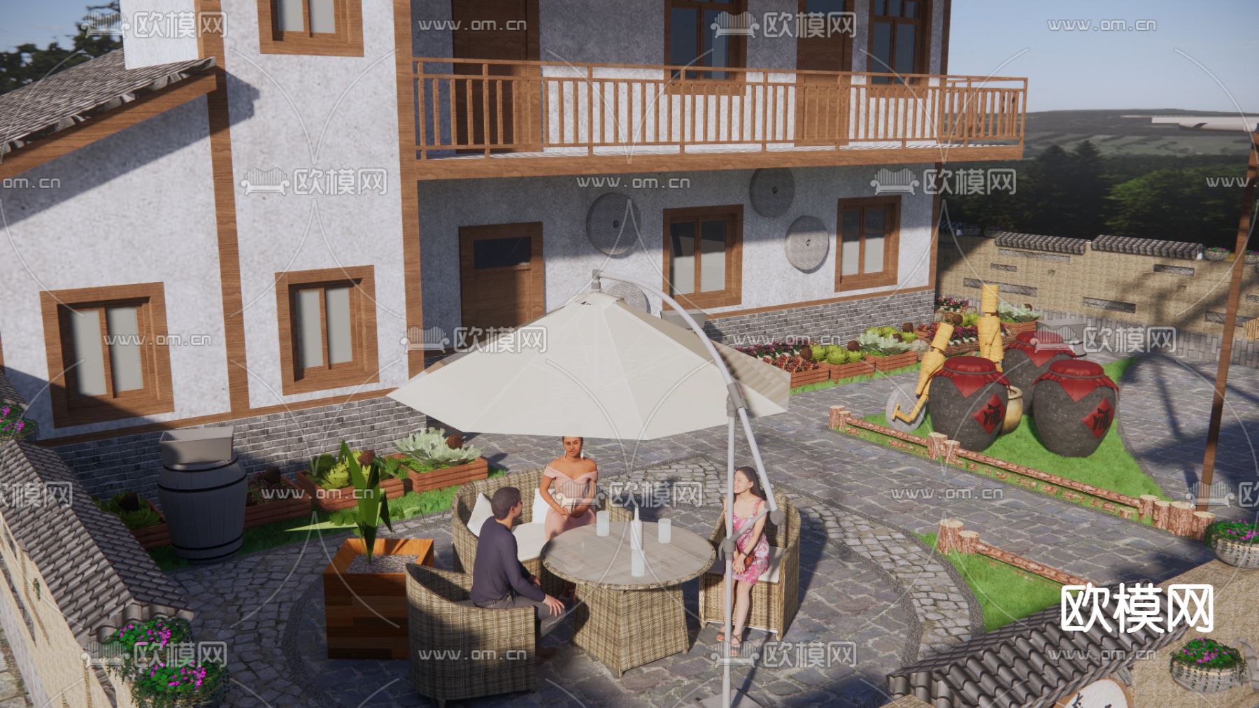 新中式乡村庭院su模型下载（渲染图2）