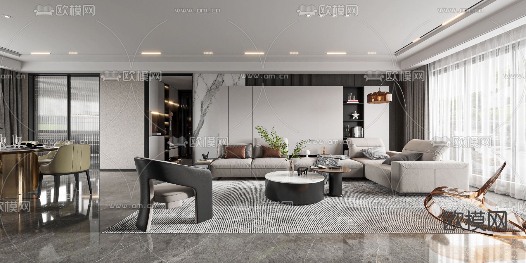 现代高级灰客餐厅3d模型下载（渲染图1）