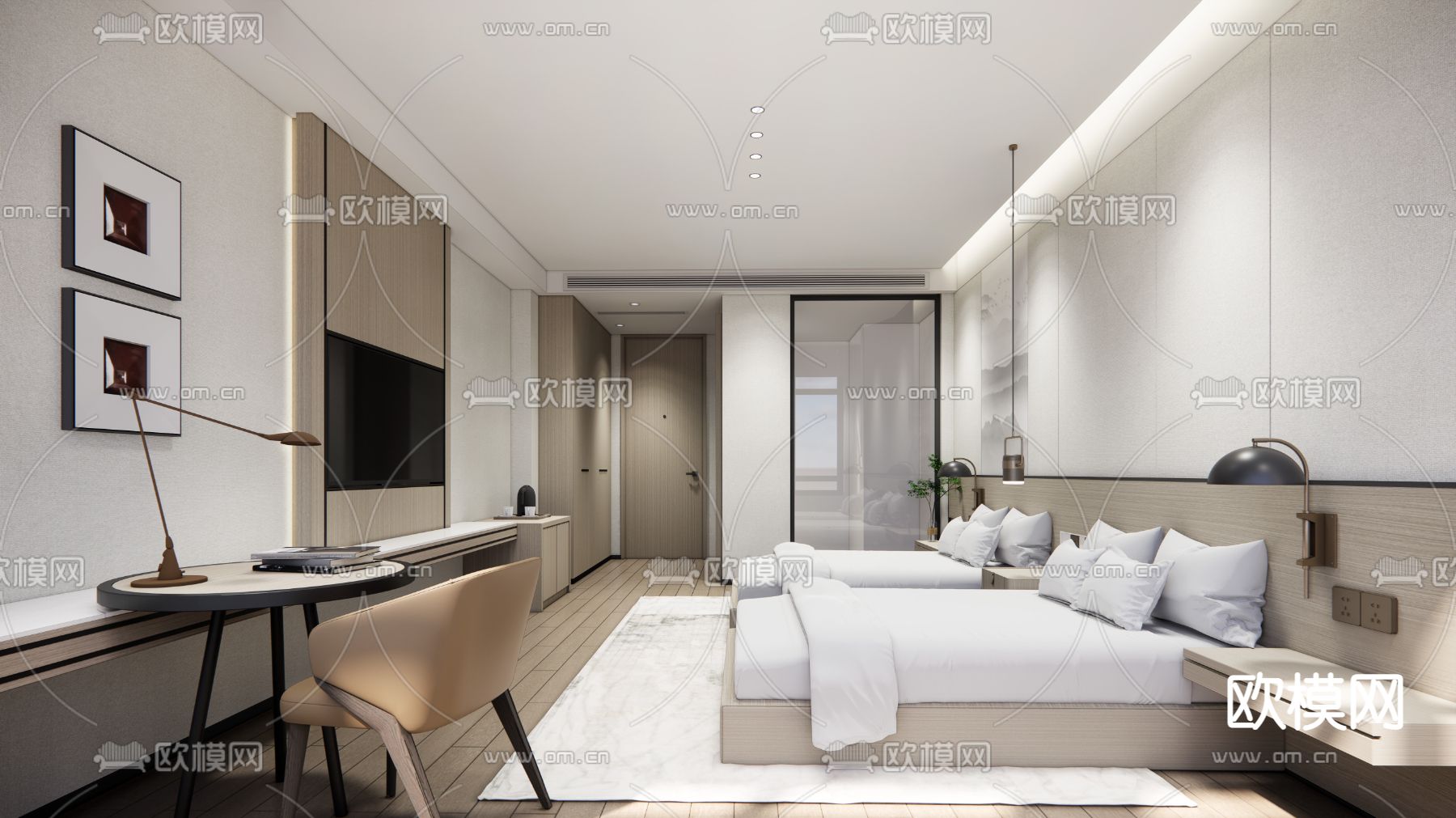 现代酒店客房su模型下载（渲染图1）