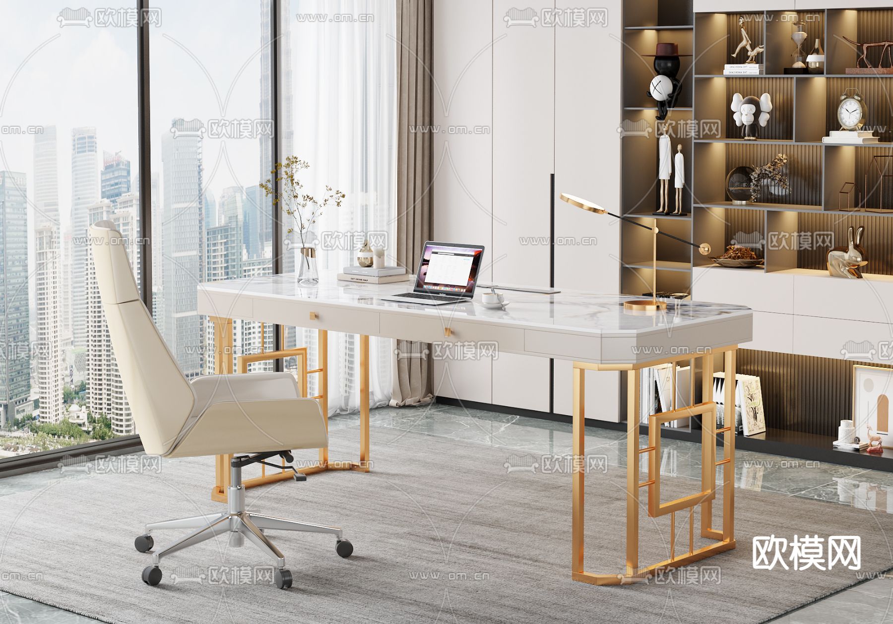 现代大理石书桌椅3d模型下载（渲染图2）