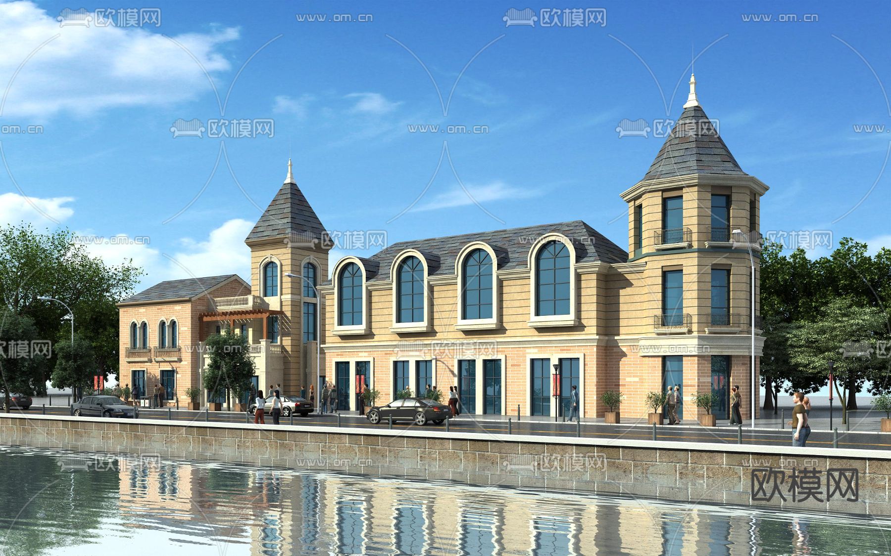 欧式小镇沿街商铺建筑外观3d模型下载