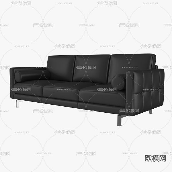 现代简约黑色皮革三人沙发免费3d模型下载