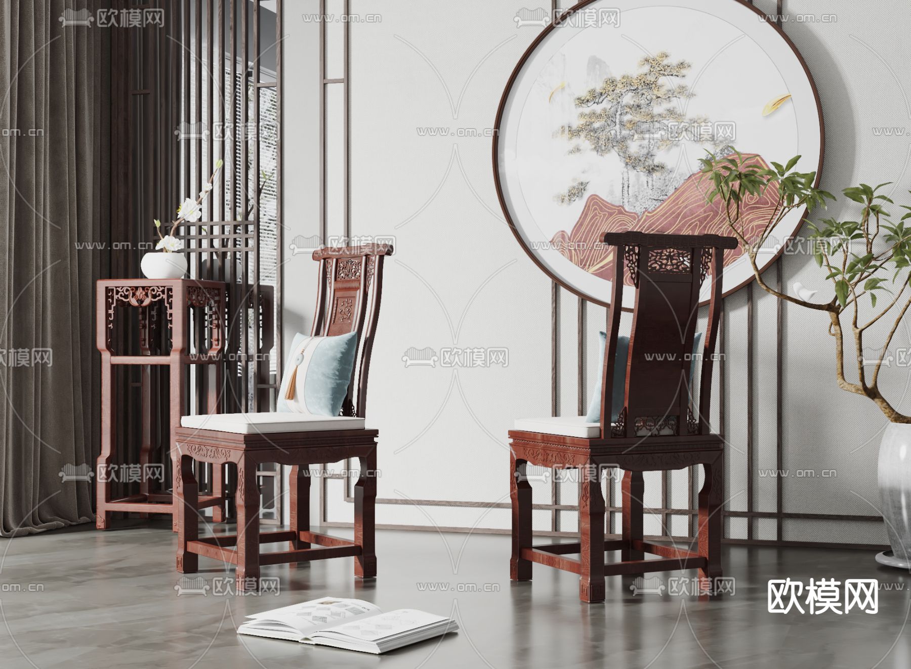 中式实木高背单椅3d模型下载