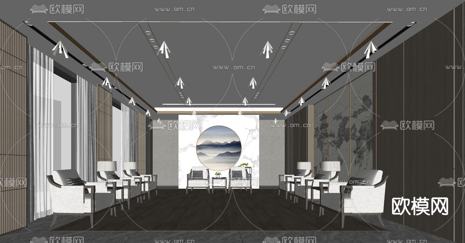 新中式贵宾接待室su模型下载（渲染图2）