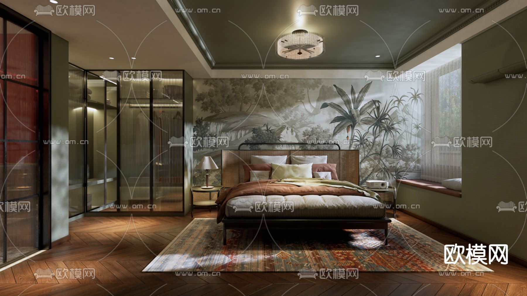 新古典复古风主卧室su模型下载（渲染图1）