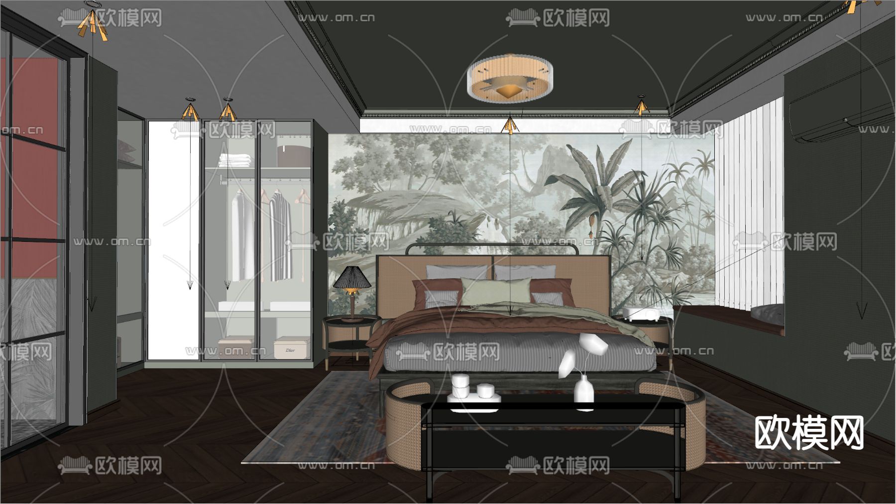 新古典复古风主卧室su模型下载（渲染图2）