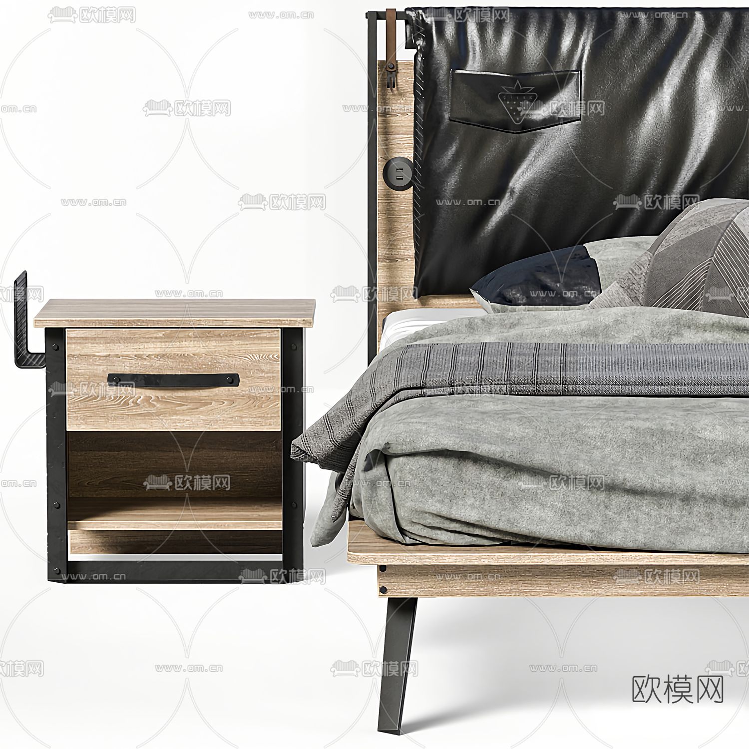 工业风实木双人床3d模型下载（渲染图2）